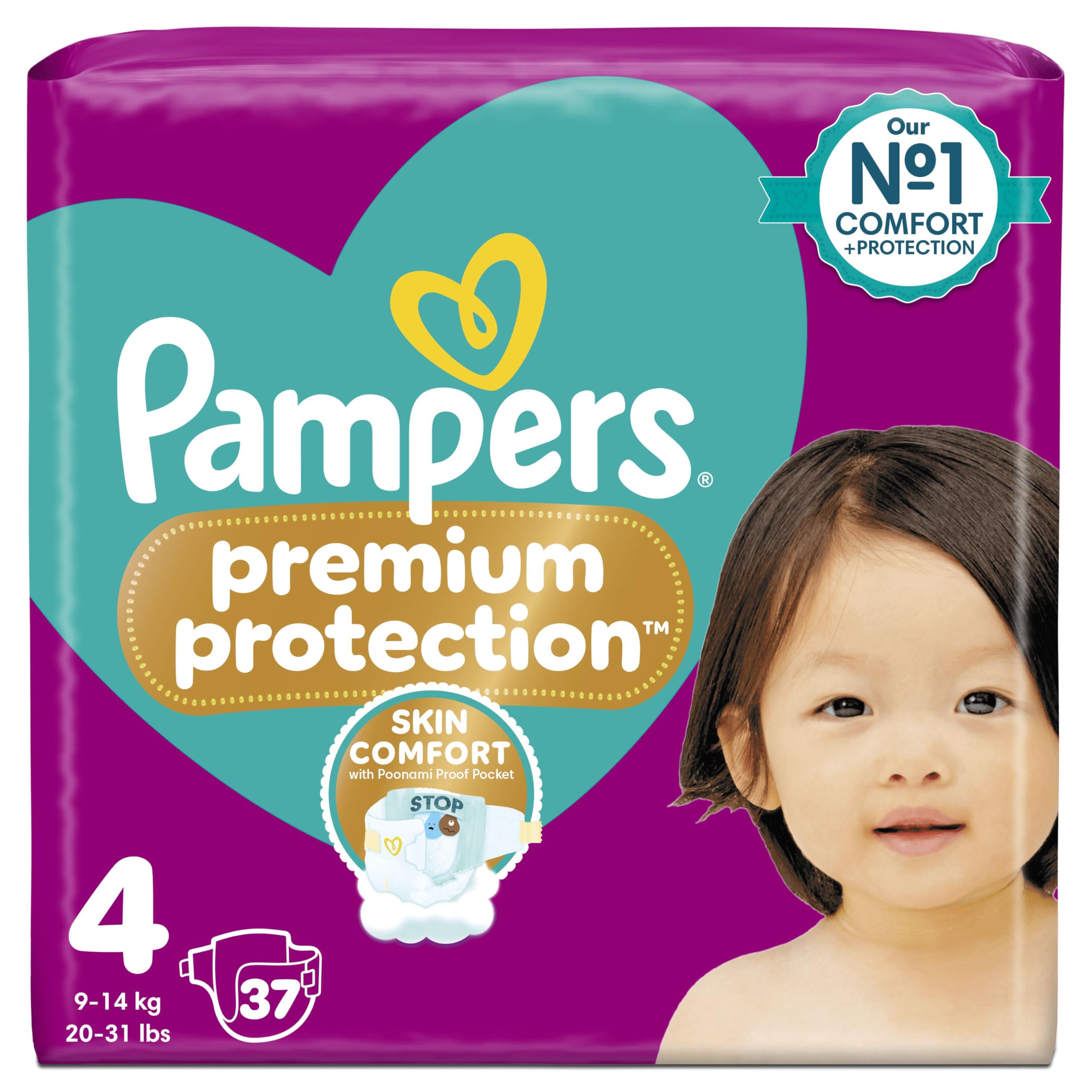 Pampers Premium Protection Size 4, 37 Nappies, 9Kg - 14Kg, Essential Pack