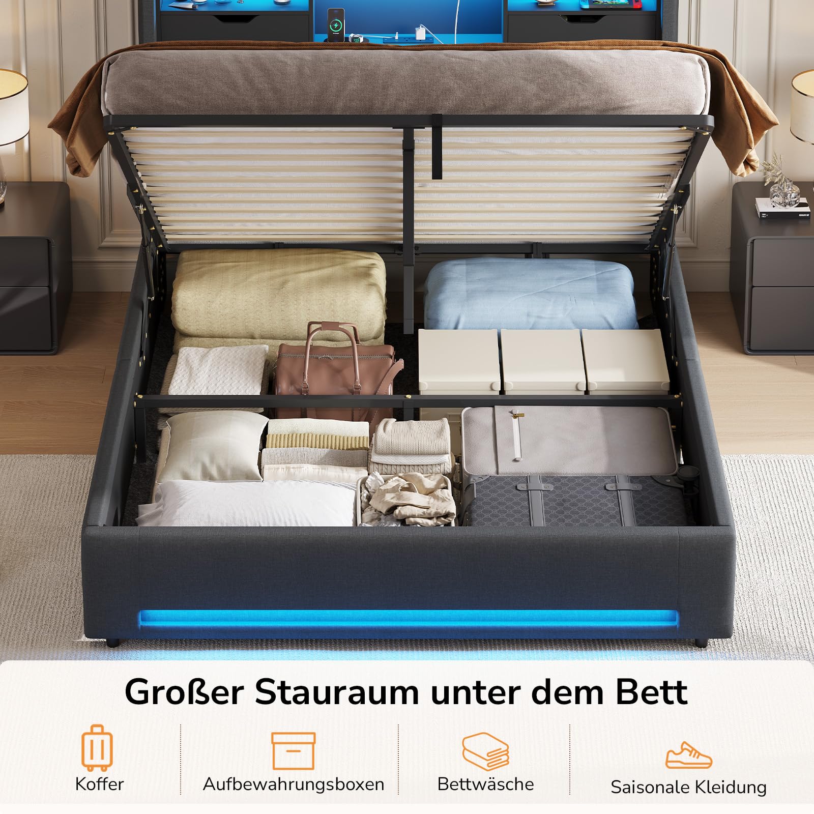 DICTAC Bett 160x200 Grau mit LED und USB-C – Polsterbett mit Bettkasten, Hydraulik, Stauraum 30cm, inkl. Lattenrost, gepolstertes Kopfteil mit Ladestation, Doppelbett für Erwachsene