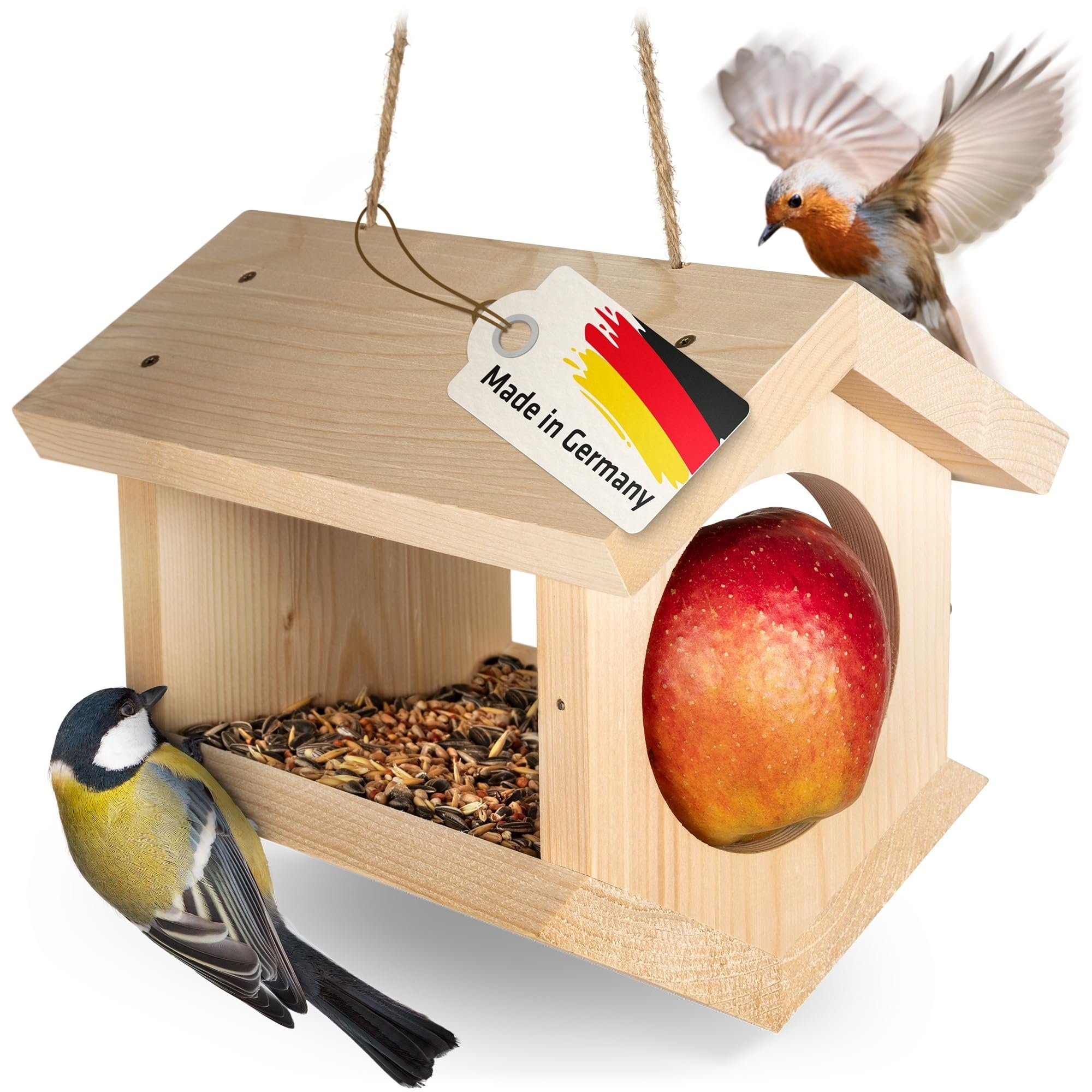 GARDIGO® Vogelfutterhaus für Körnerfutter, Äpfel und Meisenknödel I Made in Germany I Wetterfest, naturbelassen, mit Schnur zum Aufhängen im Garten