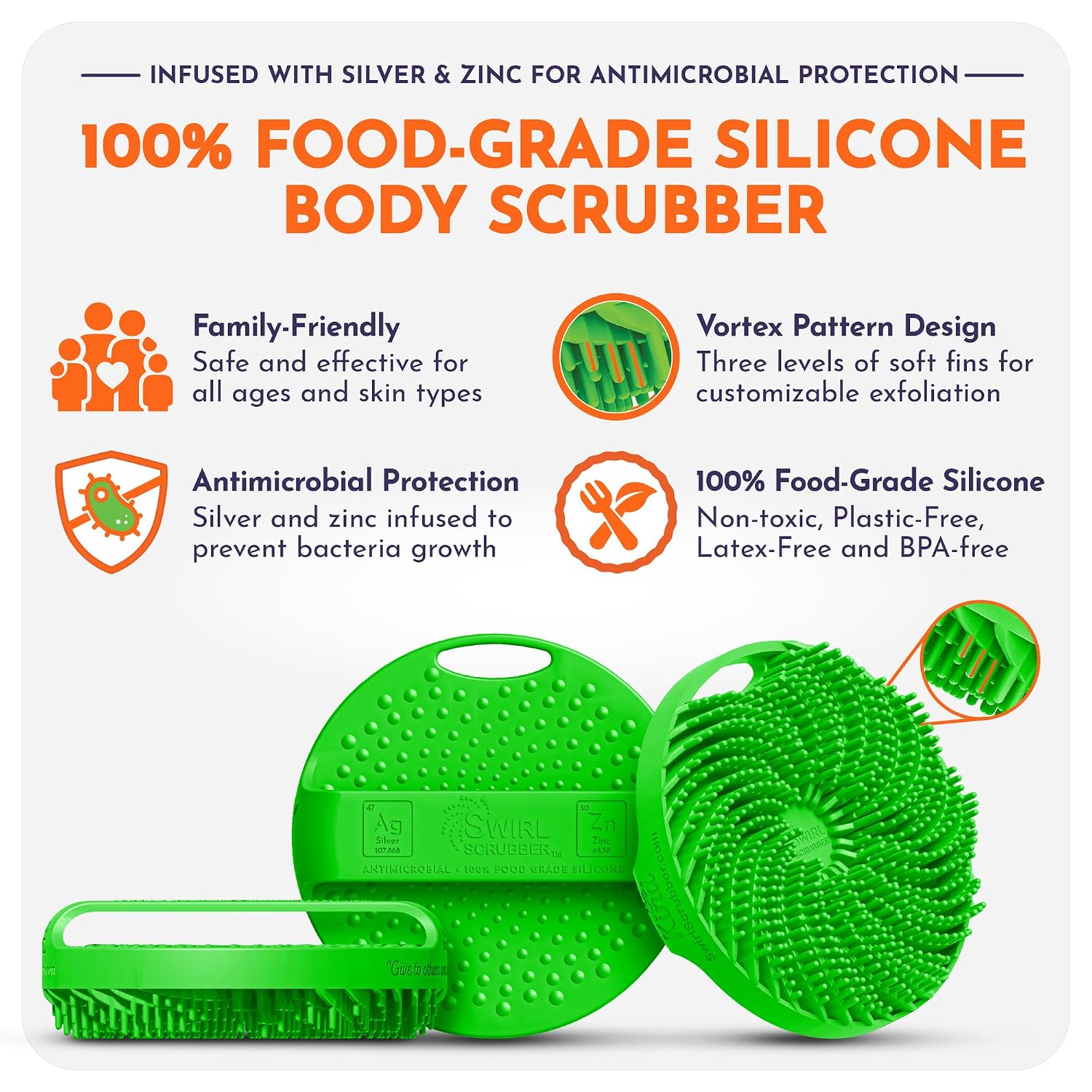 Antimicrobial Silicone Body Scrubber - Green - Shower Hanger & Sticker, Lymphatic Support, Deep Exfoliation-Cleansing, Family Hygiene