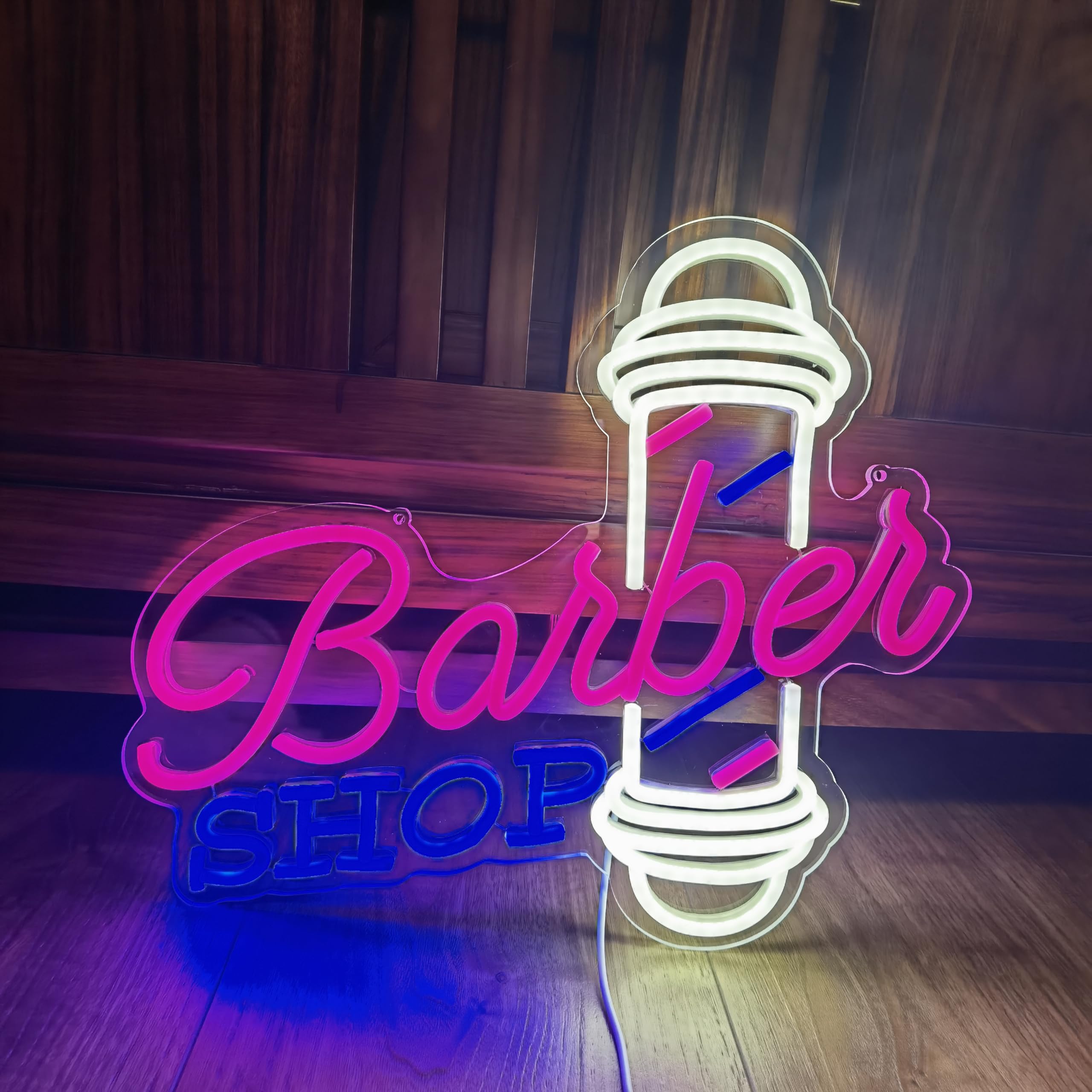 Dimmable LED Neon Pink Blue Barber Sign for Barber Shop Wall and Window Decor,Reusable Acrylic Material Hair Salon Barber Studio Open Light Up Sign Gifts for Hairdresser 40x34.5CM - Image 3
