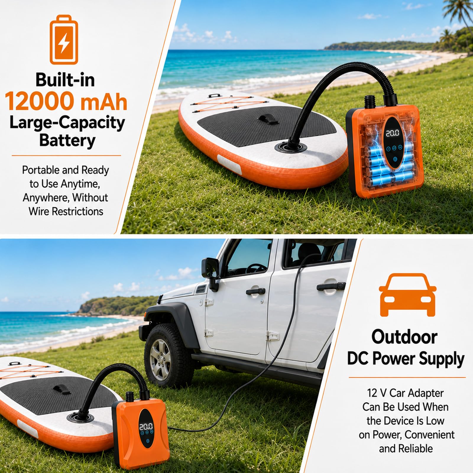 SUP Pumpe Elektrisch Wiederaufladbar 20 PSI, Akku Paddle Board Pumpe mit Auto Stopp und Digitalanzeige, 12000mAh SUP Kompressor für Stand Up Paddle Board, Kajak, Schlauchboot, Luftmatratze