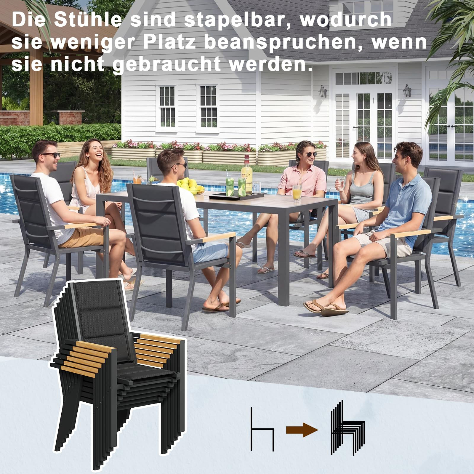 JUMMICO Ensemble de mobilier de Jardin 4 Places, Structure Aluminium Aspect Bois, Plateau PS, chaises Confortables à Haut Dossier, Facile à Assembler