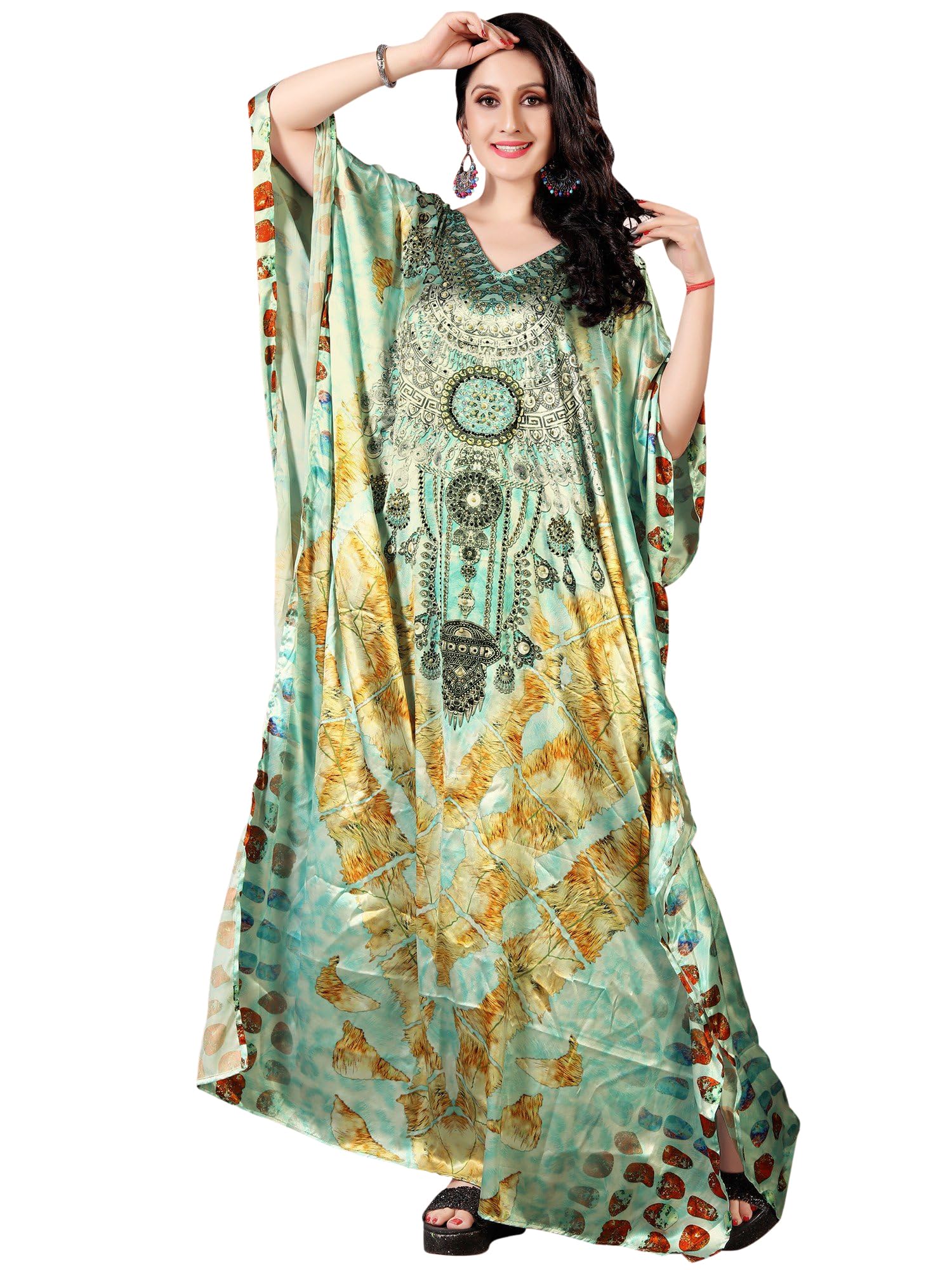 Ice Castle Printed Long Kaftan with Stone Work Bohemian Resort & Beach Wear Dress for Women's Blue-image-38