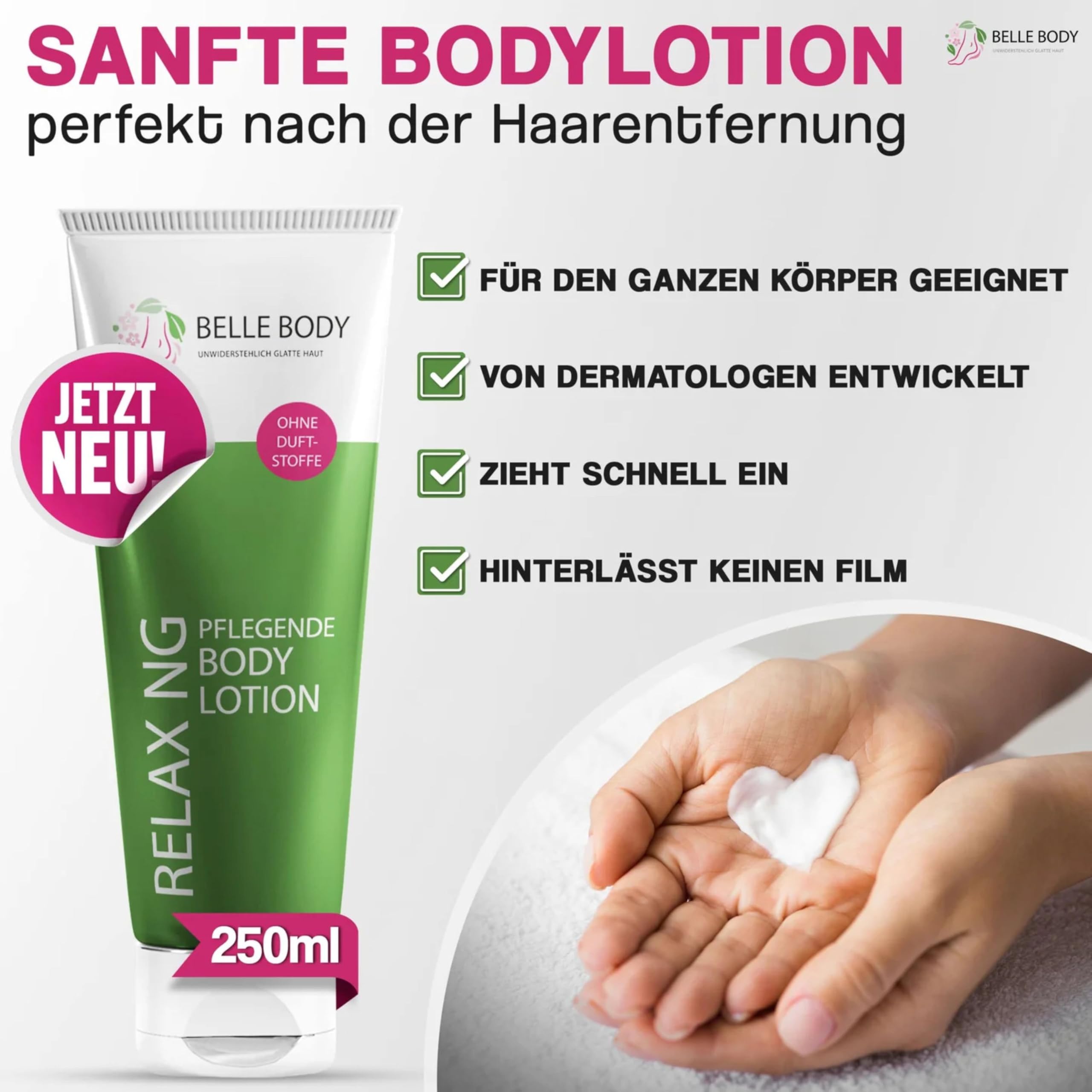 Belle Body Körperlotion - Feuchtigkeitscreme nach Rasur & Haarentfernung | Intensive Hautpflege mit Shea Butter & Panthenol – Beruhigende Bodylotion für trockene & empfindliche Haut - 250ml