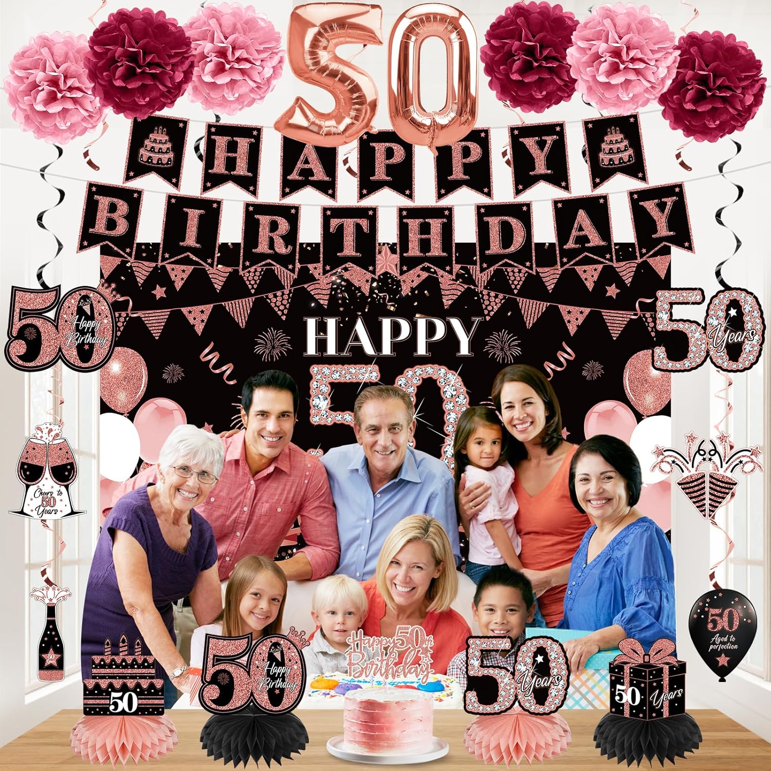 42PCS 50th Birthday Decoration Kit for Women, Rose Gold Happy 50th Bday Banner Balloons Honeycomb Centerpiece Swirl Paper Pompoms Party Supplies, 50 Bday Sash Table Cake Topper Swirls Set - Image 5