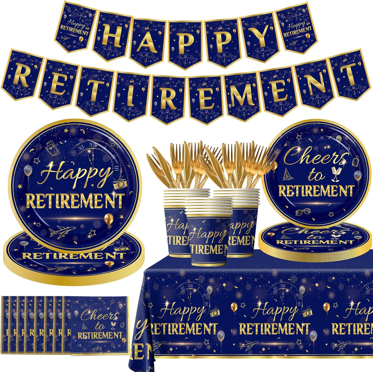 142Pcs Retirement Tableware Party Decorations Happy Retirement Party Supplies Blue Gold Plastic Disposable Banner,Cup,Tablecloth,Plates and Napkins Se