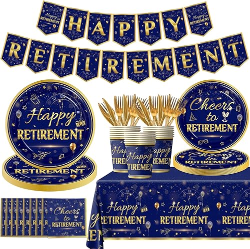 142 piezas de vajilla de jubilación, decoraciones de fiesta de jubilación, suministros de fiesta de jubilación, pancarta desechable de plástico azul