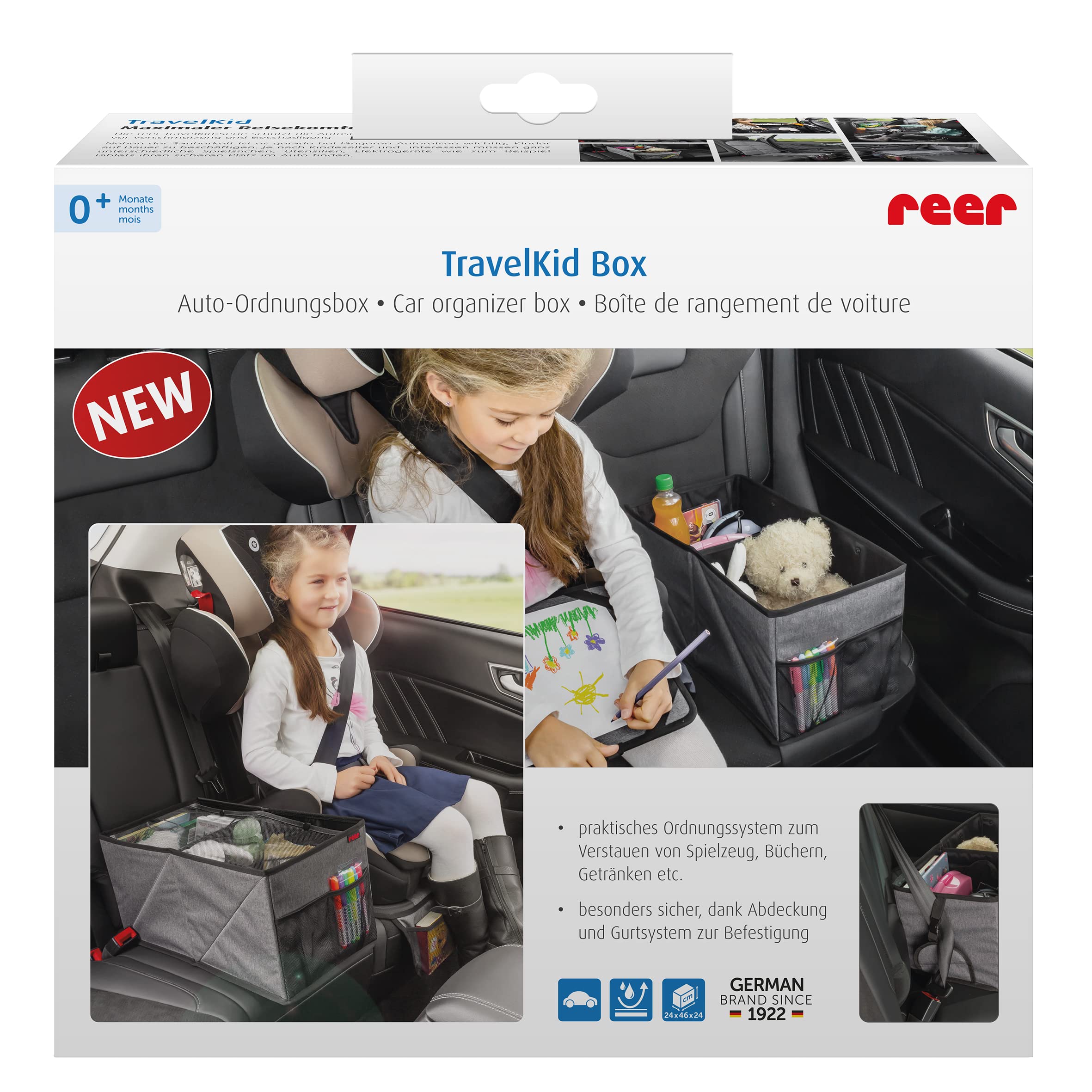 reer TravelKid Box samochodowy na tylne siedzenie, odporny na zabrudzenia, antypoślizgowy spód, składany, szary