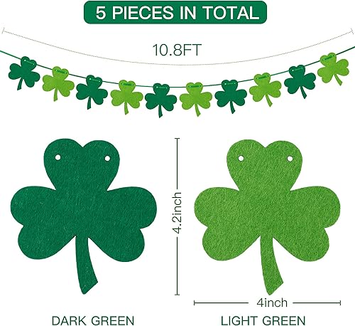 Miniatura 6 de Sggvecsy 5 guirnaldas de fieltro para el día de San Patricio guirnaldas de trébol irlandesas verdes y verdes para colgar en la pared del hogar