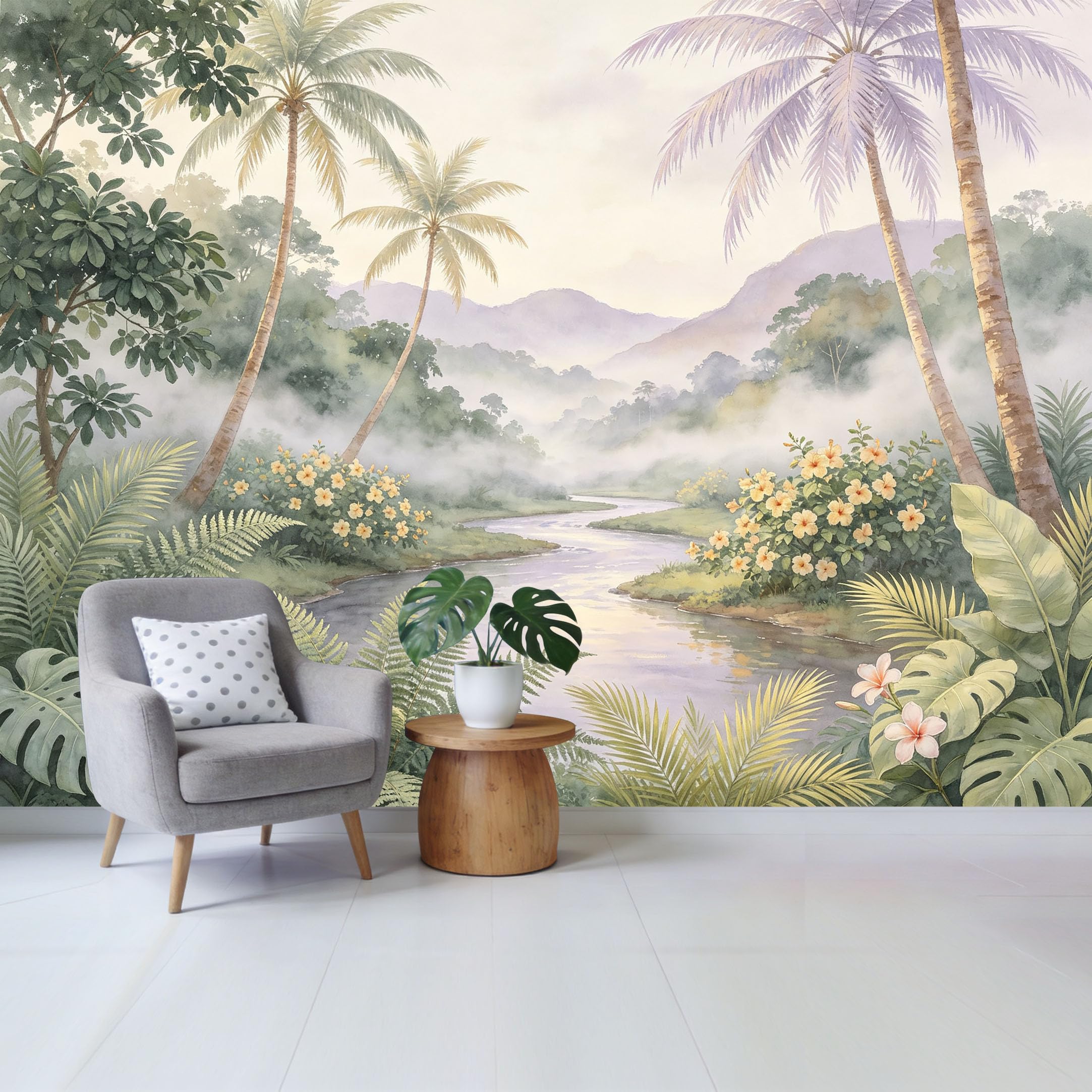 Custom Size Wall Mural Tropical Jungle River Watercolor Botanical Removable Self Adhesive Fabric Home Wall Decor for Living Room Bedroom Bathroom Background
