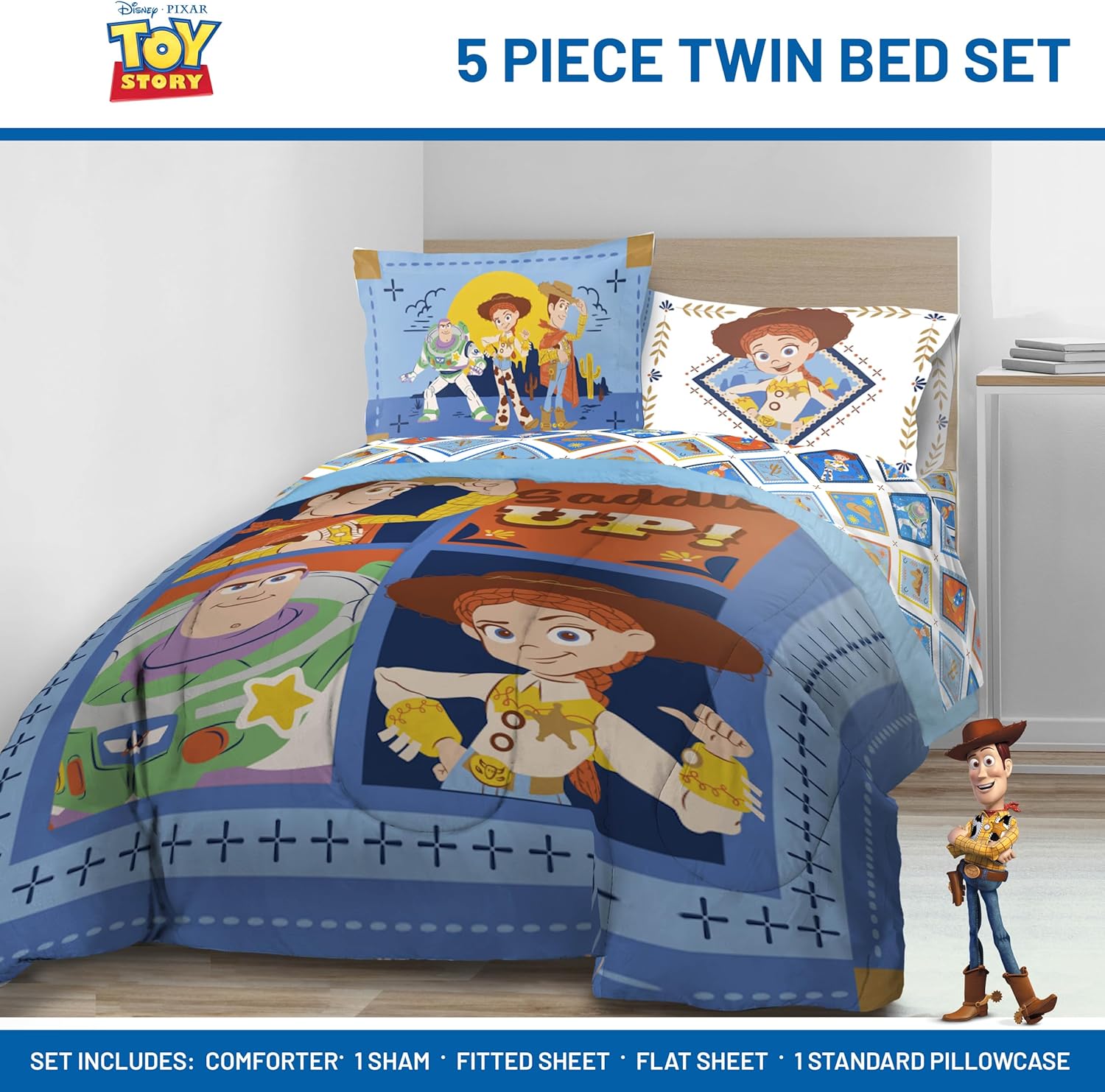 Jay Franco Kids Comforter Set Includes Sheets and Pillow Covers - Soft and Cozy Bed Set for Stylish Room Decor, Official Licensed Bedding, Blue - Toy Story, 5 Piece Twin