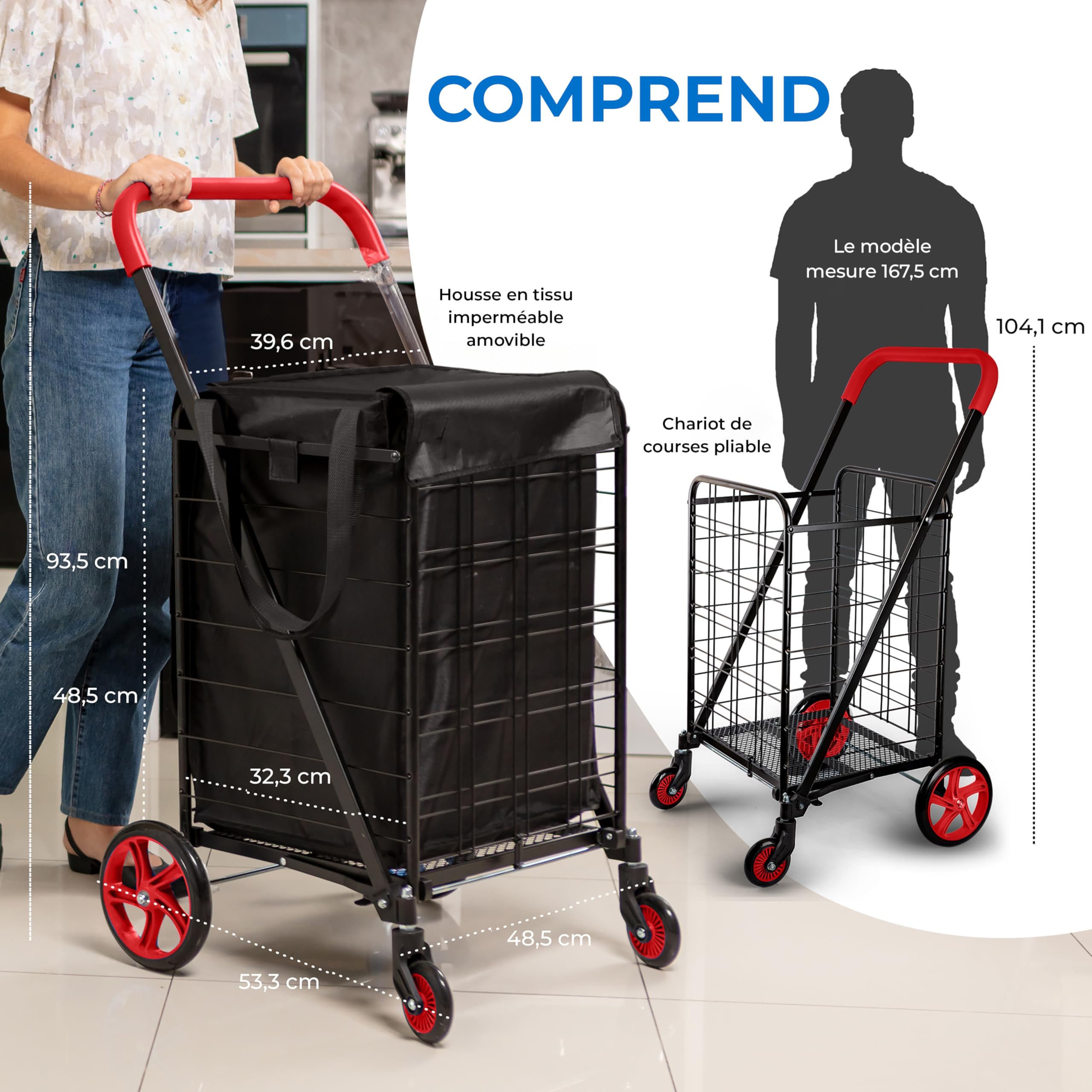 SereneLife Boodschappentrolley, Opvouwbare Boodschappenwagen met Afneembare Waterdichte Voering, Compact & Lichtgewicht, 360° Zwenkwielen, Roestvrije Stalen Constructie, 32 kg Draagvermogen (Zwart