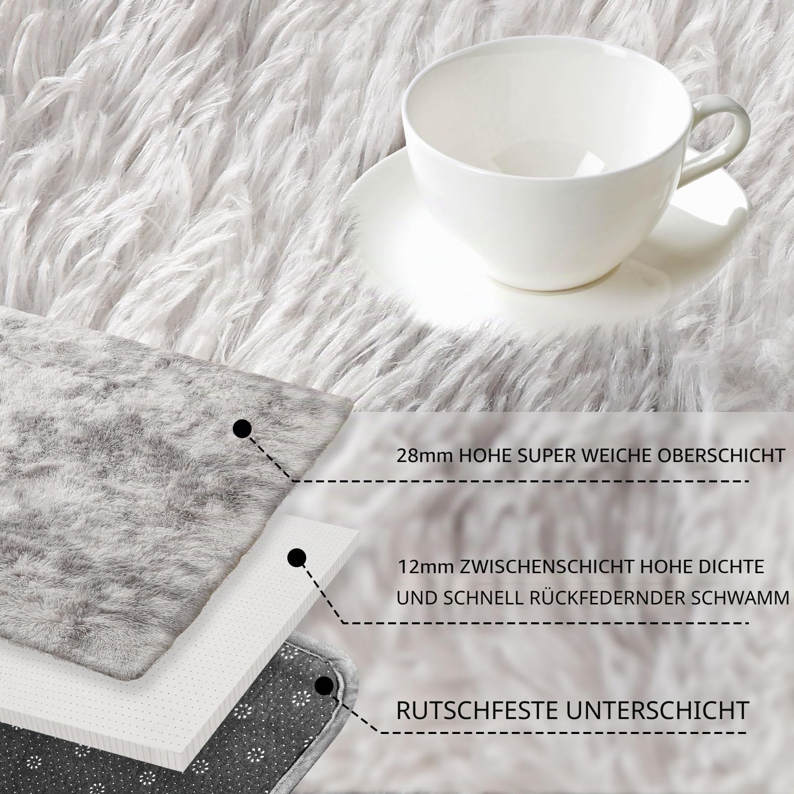 Teppiche Weiche Schlafzimmerteppiche Anti-Rutsch-Flauschiger Wohnzimmerteppich Zottelige Fußmatten Groß für Schlafzimmer (160 * 200cm, Grau weiß)