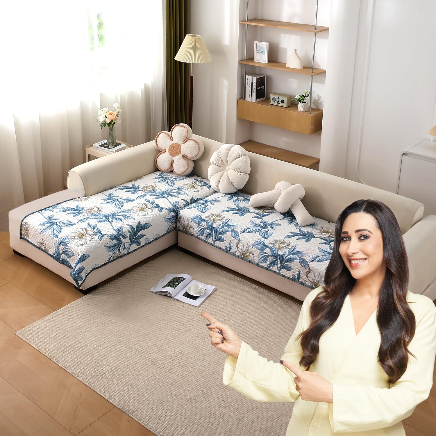 HOKIPO Printed Quilted L Shape (3+2 Seater) Sofa Cover Seat Mat, Celadon Blue Camellia (IN-808-D8 + IN-810-D8)-image-14