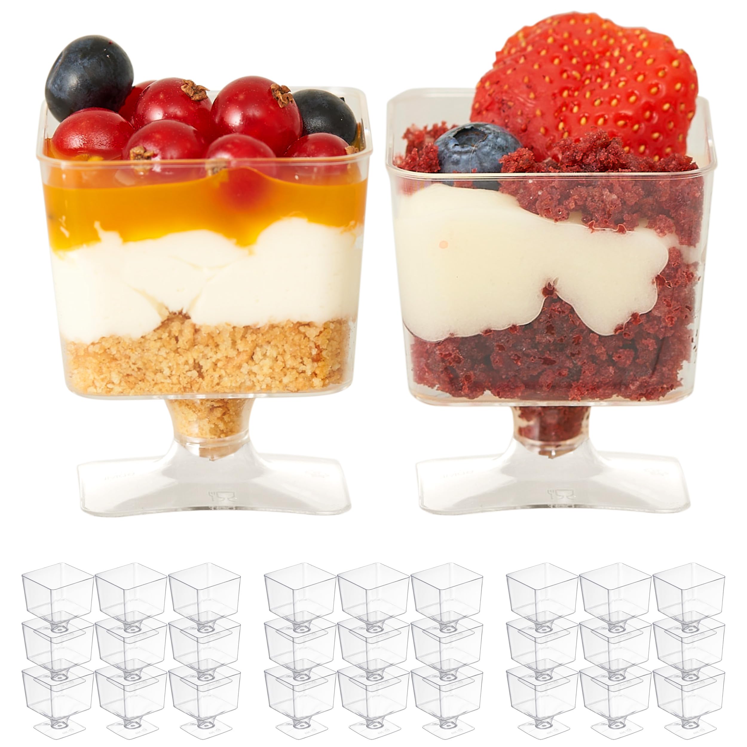 MATANA 200 Mini Clear Hard Plastic Dessert Cups for Parties (Square with Stem, 60ml) - Elegant & Reusable Individual Dessert Pots for Cheesecake, Jelly, Puddings, Mousse, Tiramisu, Trifles