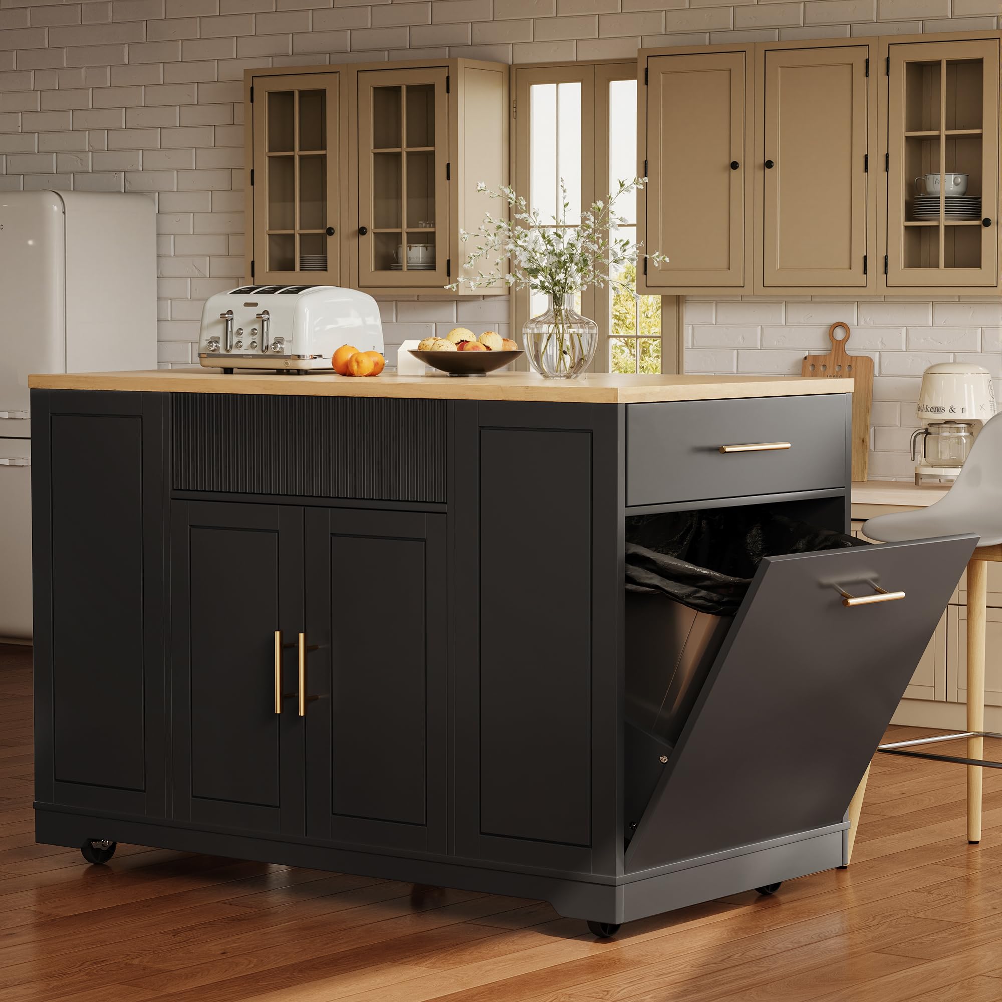 Isola da Cucina, Armadio da Cucina, 120 x 50 x 92 cm, Carrello di Servizio, con Scomparto per Pattumiera, Ripiani Regolabili, Due Ante e TRE Cassetti (Nero)