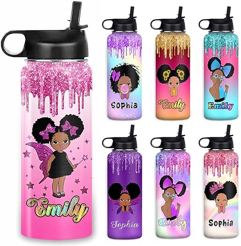 Botella de agua personalizada para niñas con estampado de 18 oz32 onzas, acero inoxidable con nombre personalizado para niños, botella de agua