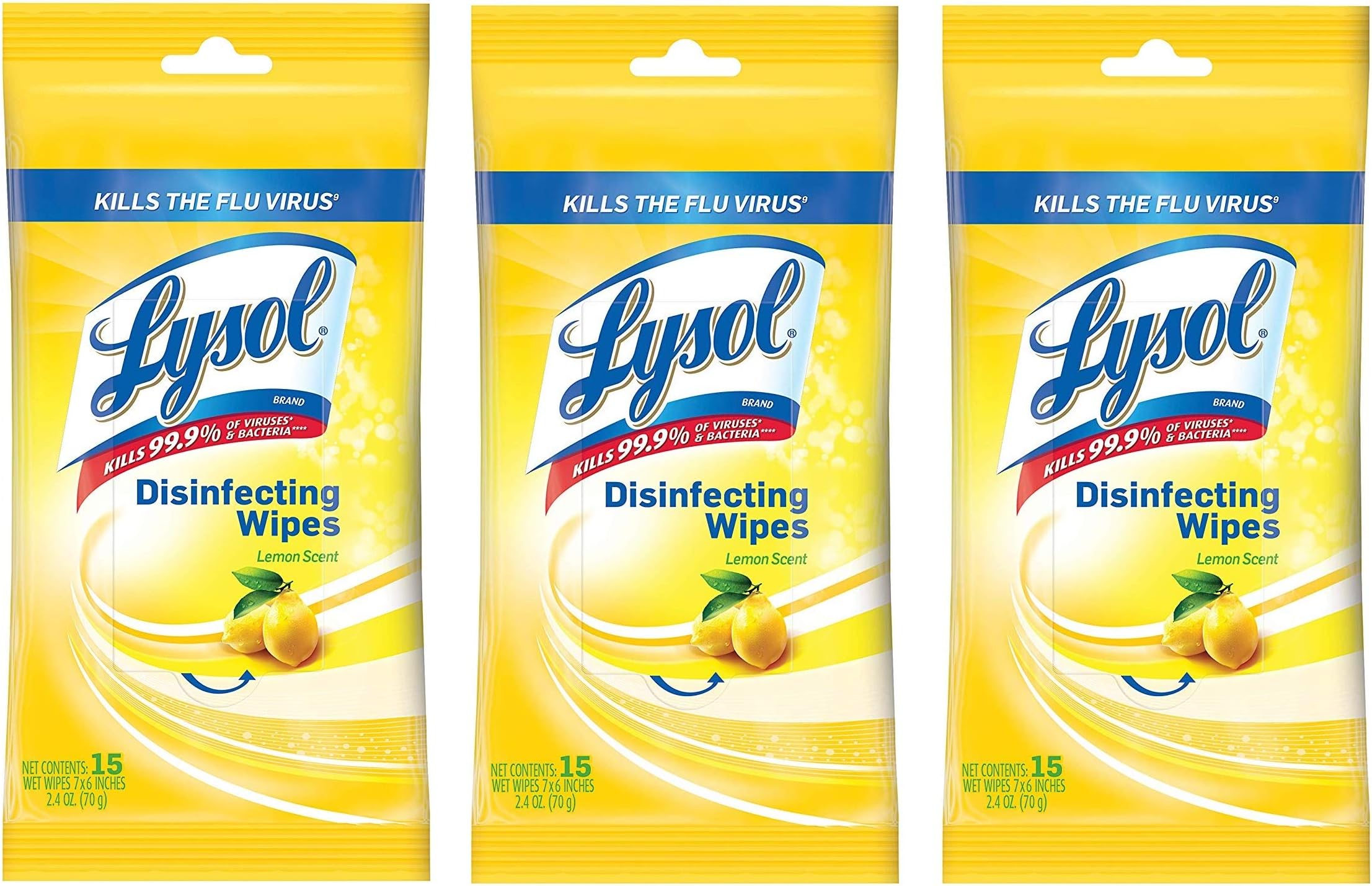 Lysol Disinfecting Wipes To-Go Pack, Lemon Scent, 15 Count (Pack of 3)