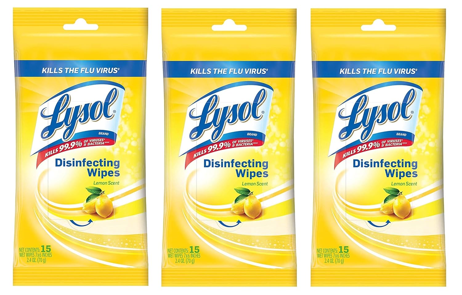 Lysol Disinfecting Wipes To-Go Pack Lemon Scent 15 Count Pack of 3