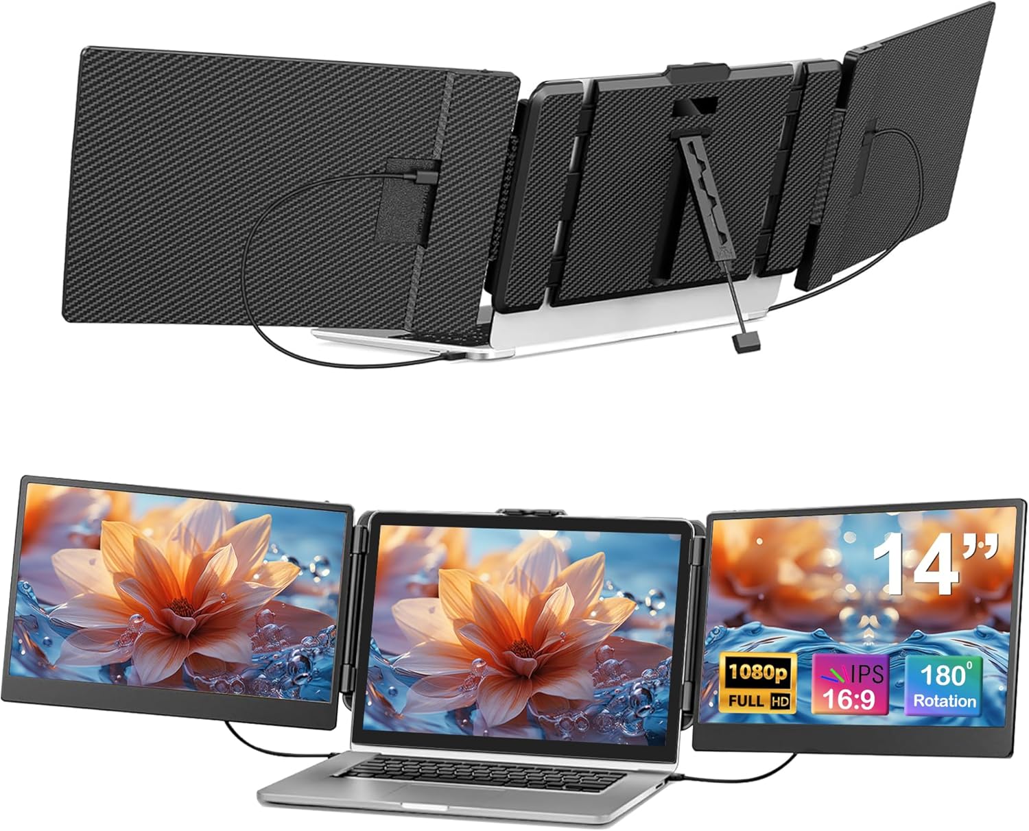 Alecewey Laptop Screen Extender 14 inch Triple Portable Monitor Attachment FHD 1080P Extra Screen for 13-17’’ Laptop with Windows Chrome Mac