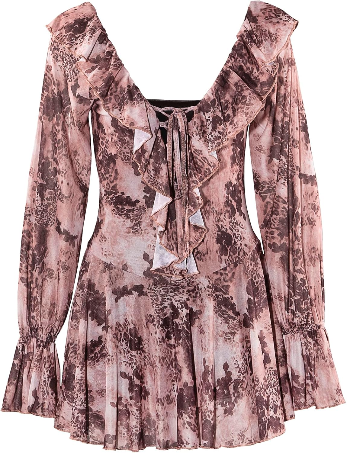 VWIWV Women Sexy Leopard Print Ruffle Mini Dress Lace up Long Sleeve Pleated Bodycon Short Party Club Mesh Dress - Image 2