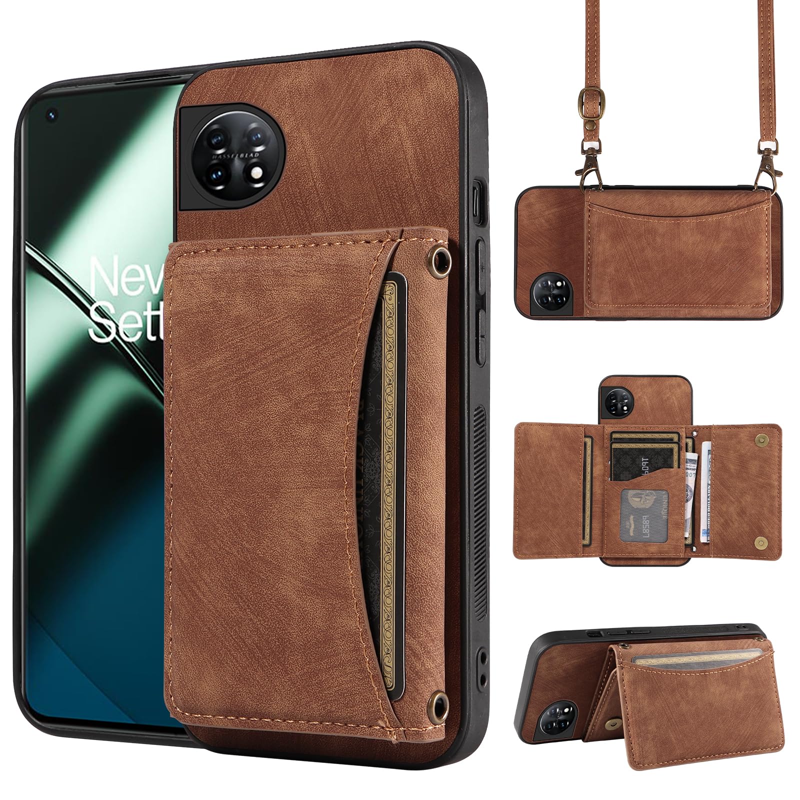 Phone Case for OnePlus 11 5G Wallet Cover with Crossbody Shoulder Strap and Leather Credit Card Holder Pocket Slim Stand Cell Accessories One Plus11 1 Plus 1plus11 One+ 1+ Girls Women Brown