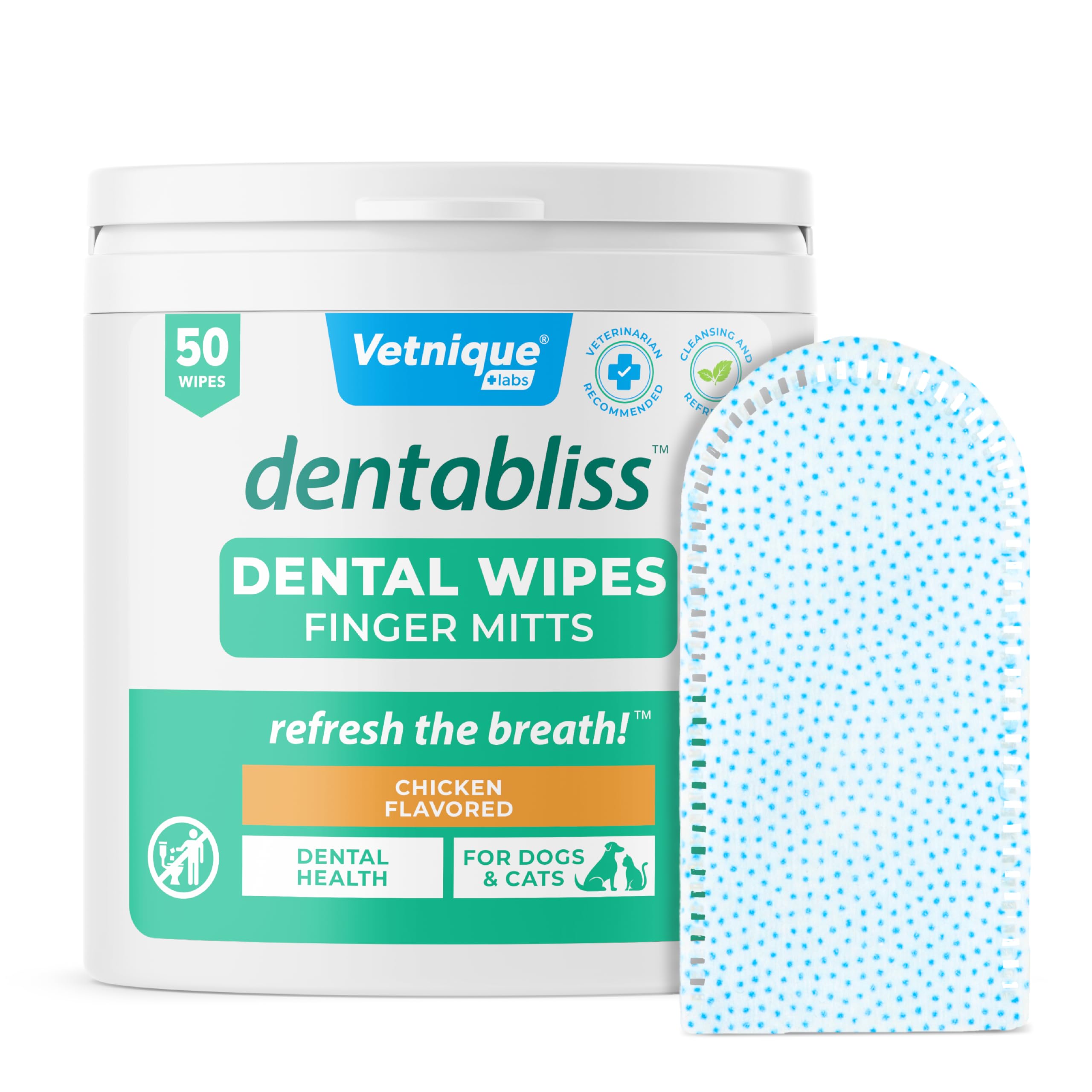 Vetnique Dentabliss - Dog Teeth Cleaning Finger Mitt Dental Wipe - Dog Plaque & Tartar Prevention with Brushing Beads - Flavored Dog Teeth Wipes, Dog Breath Freshener (Chicken)