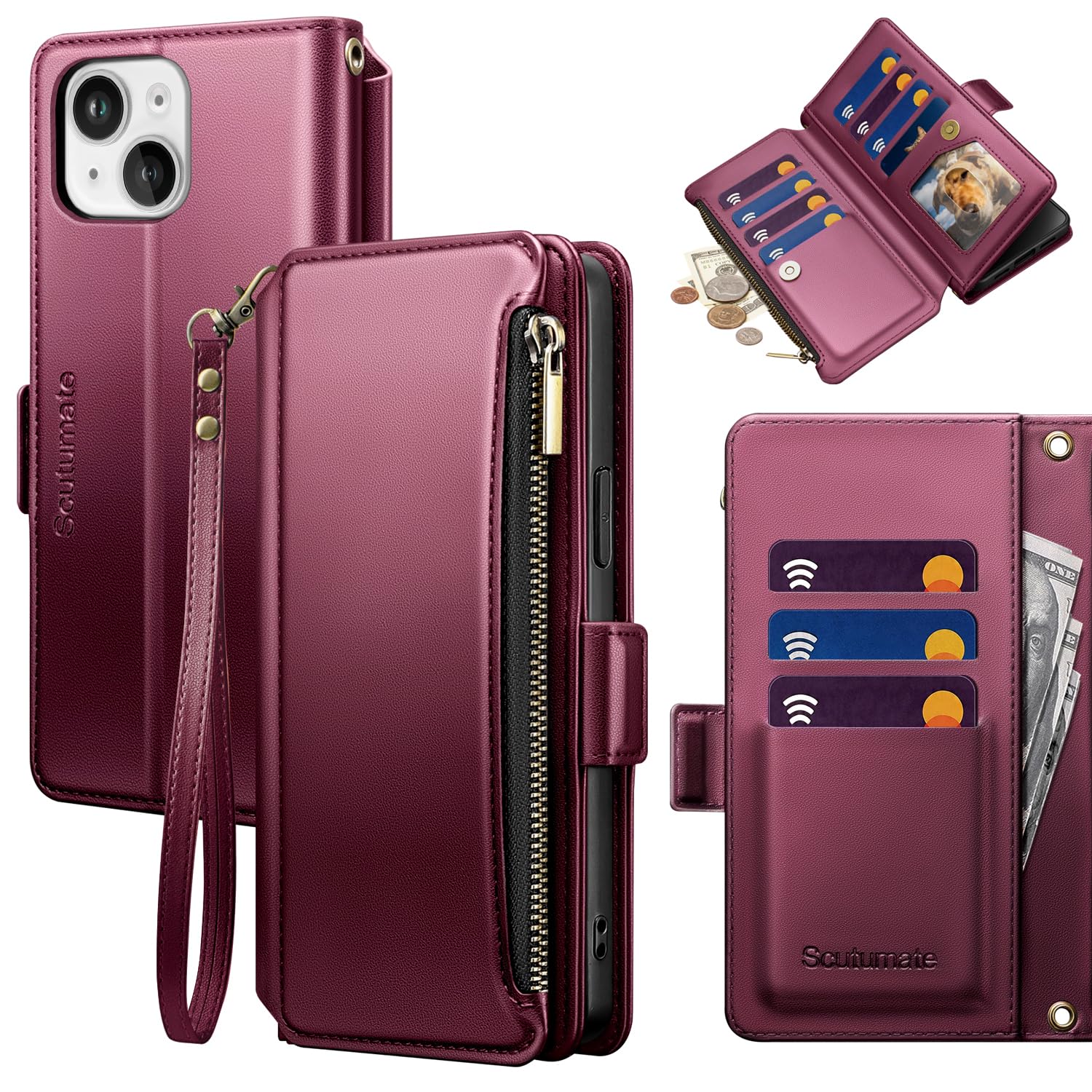 for iPhone 14 Wallet Case with Card Holder,Wine Red
