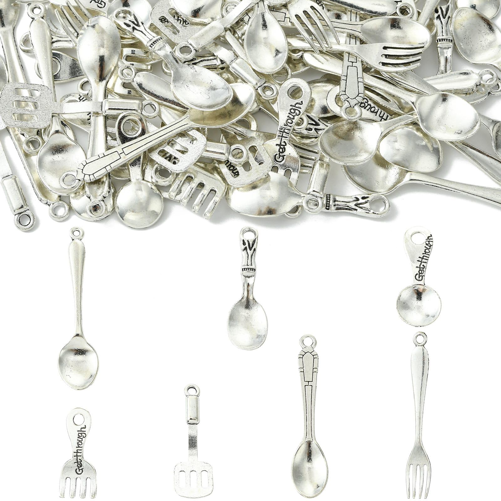 UR URLIFEHALL 70 Pcs 7 Styles Tibetan Tableware Charms Antique Silver Fork Spoon Charms for Jewellery Making Table Kitchen Crafts Decortive