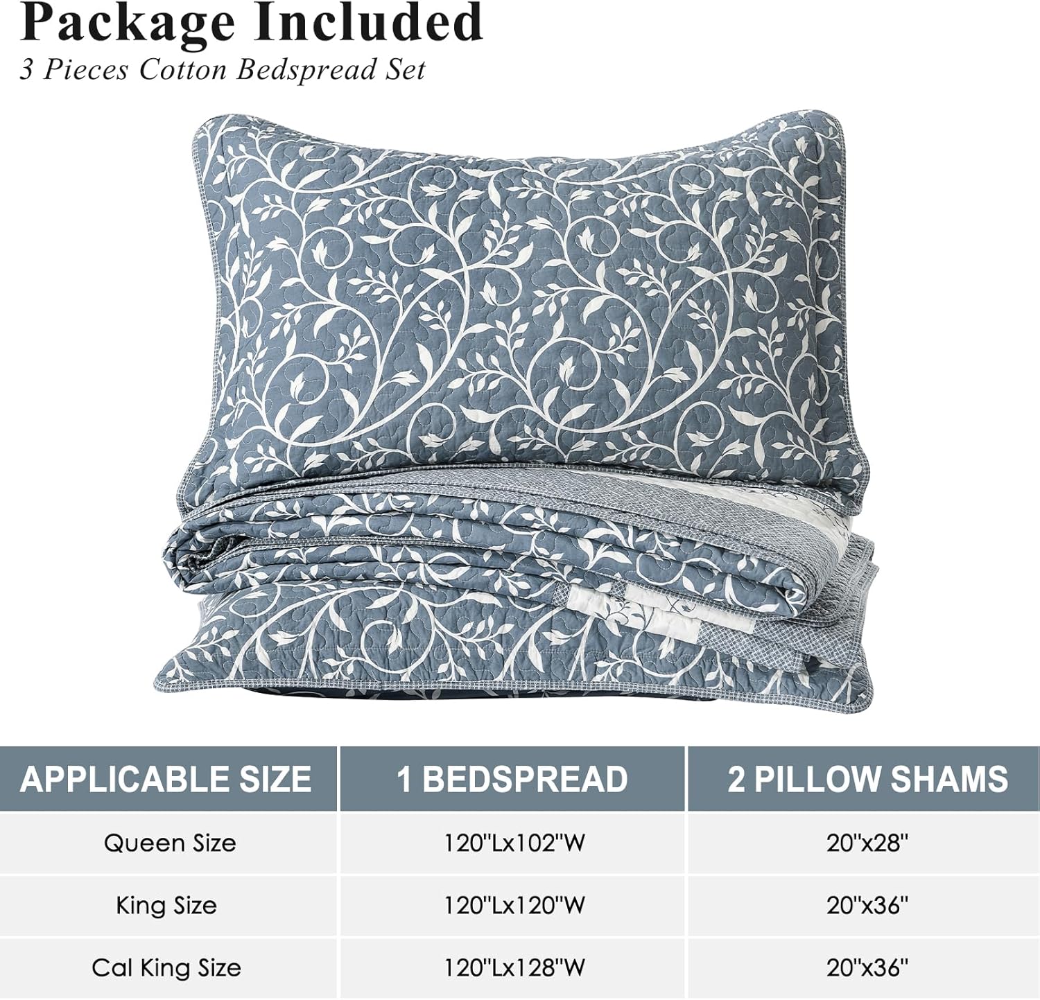 Oversized King Bedspreads 128x120 Extra Wide - Vintage Vine Farmhouse California King Quilt Set, 3 Pieces Lightweight Thin Comforter Bedding Coverlet Set, Cal King, Slate Blue/Off White - Image 6