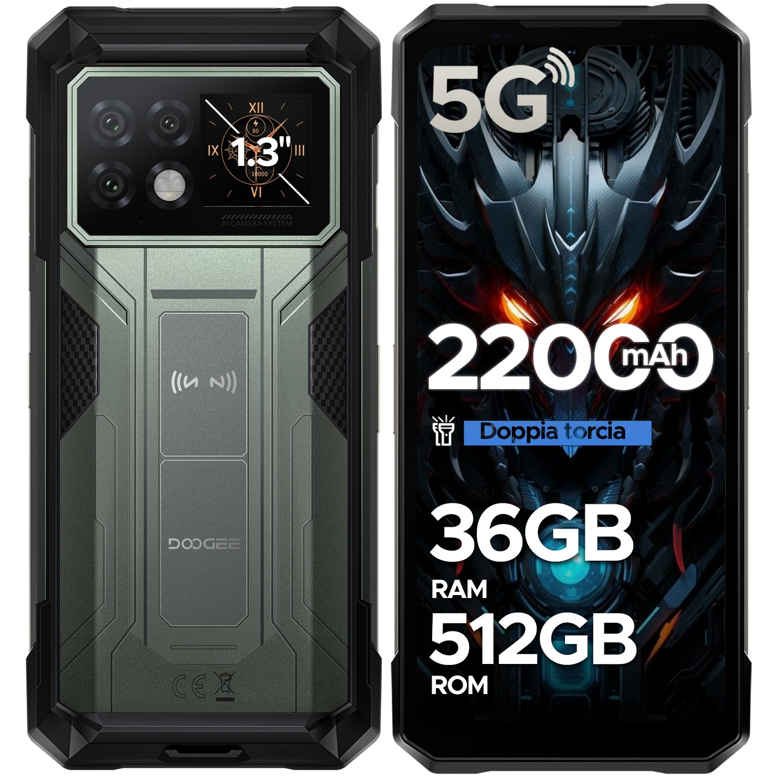 DOOGEE S200 Max 5G Rugged Smartphone Android 15, 1.3" IPS Rear Display, 6.72" 120Hz 36GB+512GB/TF 2TB Telefono Indistruttibile, 22000mAh/66W, Dual Light Flashlight, 108MP/Fingerprint/Face ID/OTG/NFC