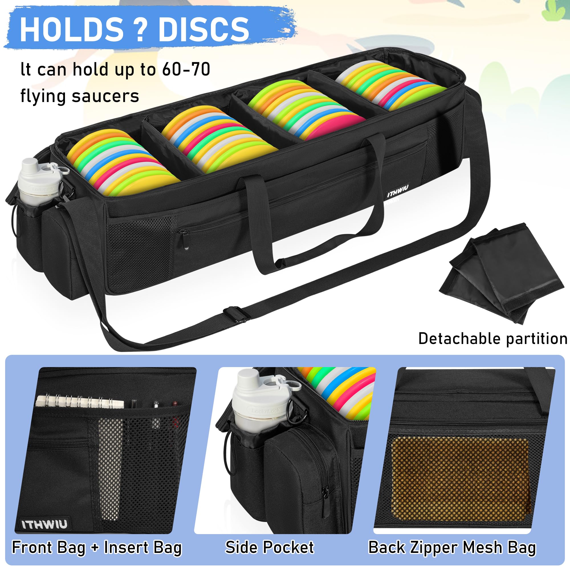 Discgolf-Aufbewahrungstasche, 87 x 26 x 26 cm, großes Fassungsvermögen, bietet Platz für 48+ Discs mit 4 Trennwänden und mehreren Seitentaschen, Schwarz