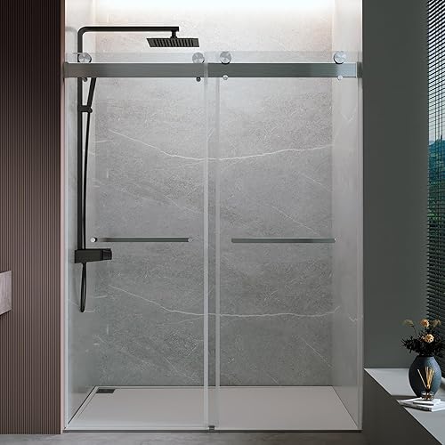 FRANSOUL Puerta de ducha doble deslizante sin marco, 68-72 pulgadas de ancho, 76 pulgadas de alto y vidrio templado transparente de 0.4 pulgadas,