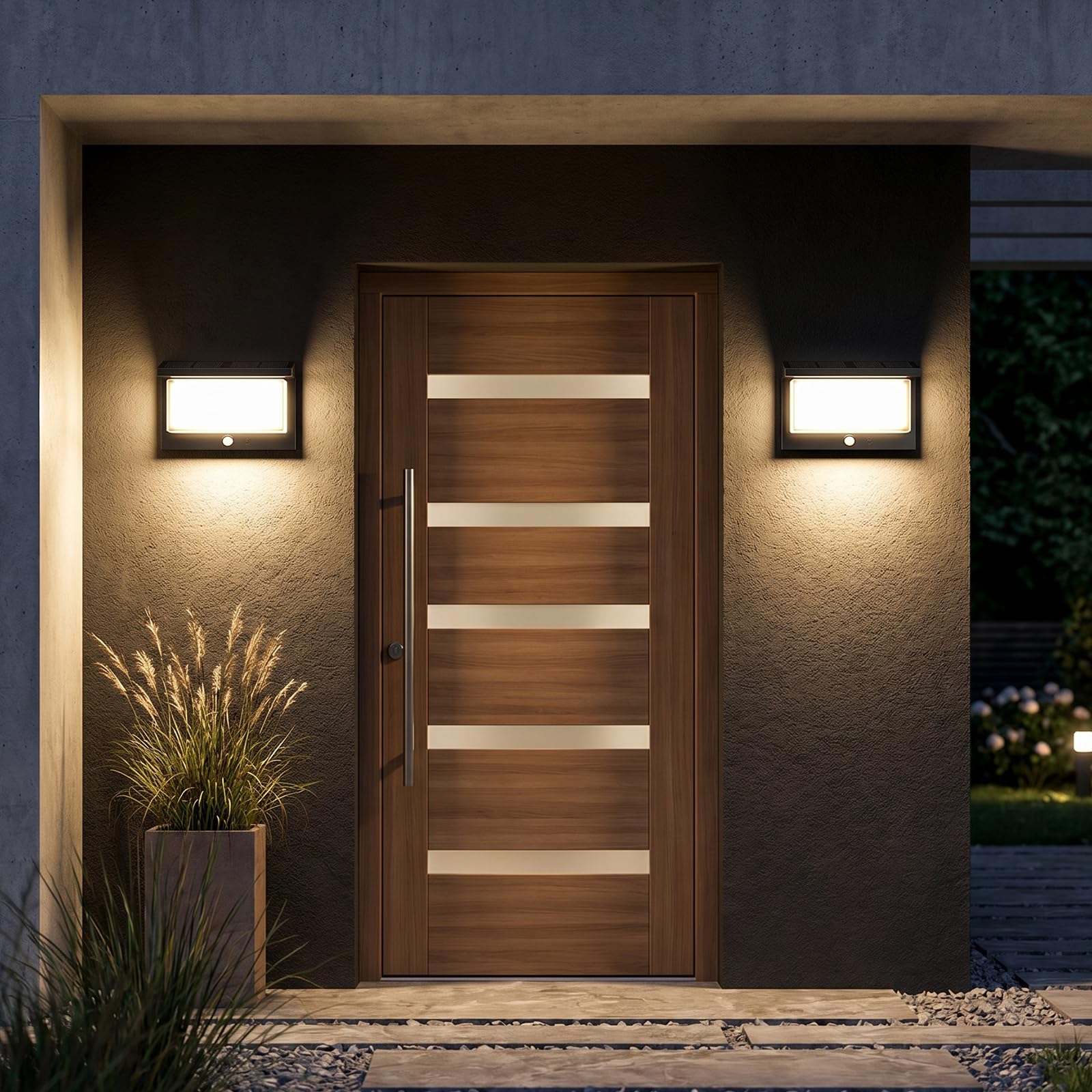 2 Pièces Applique Murale Exterieur Solaire,Lampe Solaire Extérieure avec Détecteur de Mouvement IP65 3000K blanc chaud Allumage/Extinction Auto, Étanche pour Jardin,Terrasse, Couloir et Allées