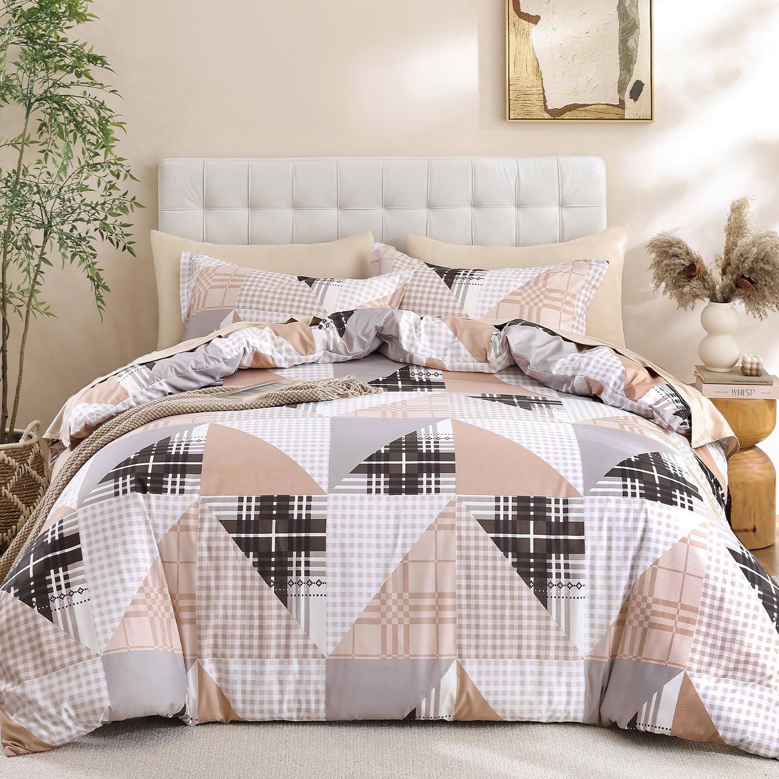 WONGS BEDDING Duvet Cover Set Double Geometric Plaid 3-Piece Bedding Set-Soft Microfiber Bed Linen for Bedroom Decor (200x200cm) โ image 1