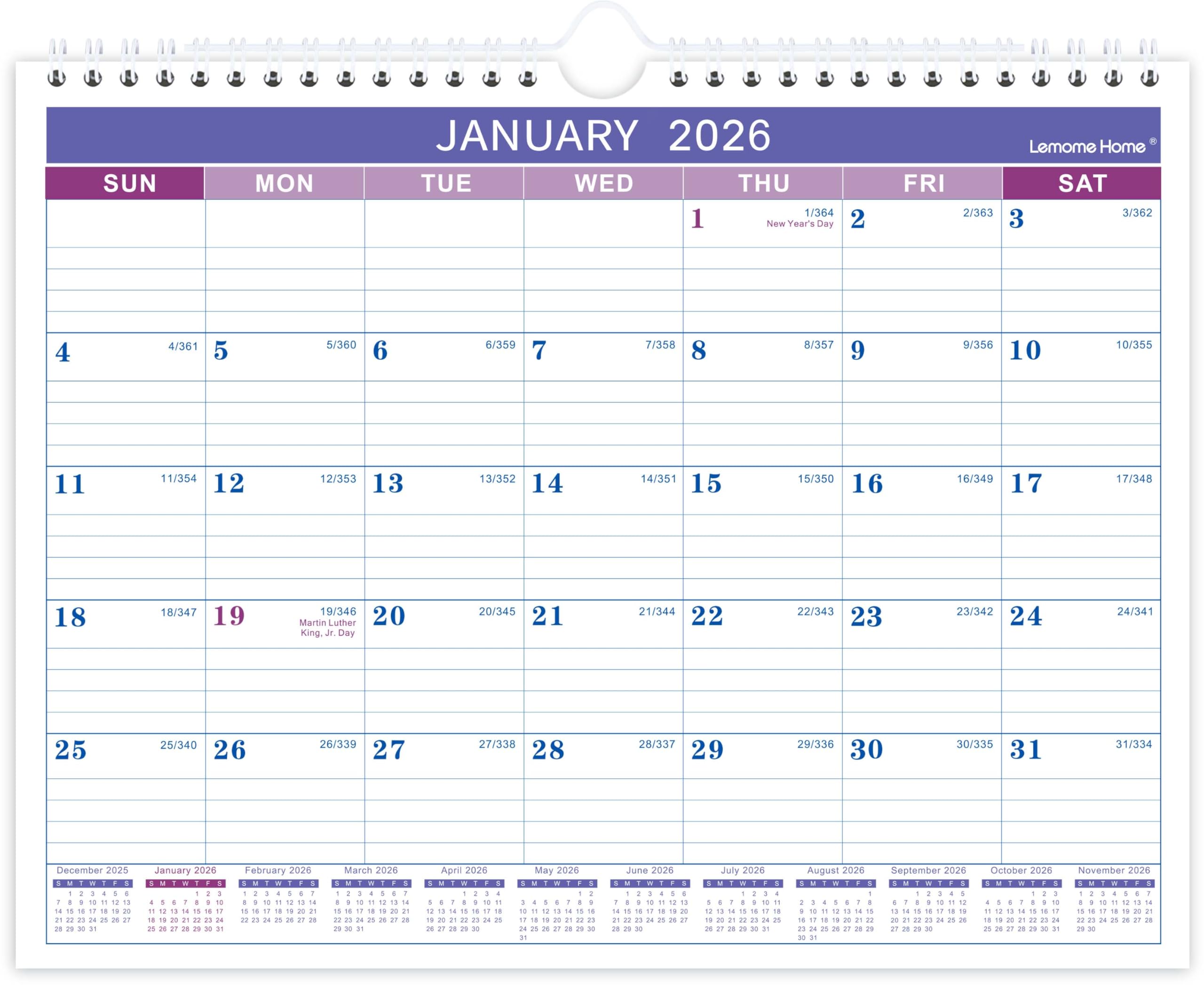 2026 Wall Calendar - 2026 Calendar, Jan.2026 - Dec. 2026, 11" x 8.5", 12 Monthly Calendar 2026, Hanging Hook + Ruled Blocks - Purple