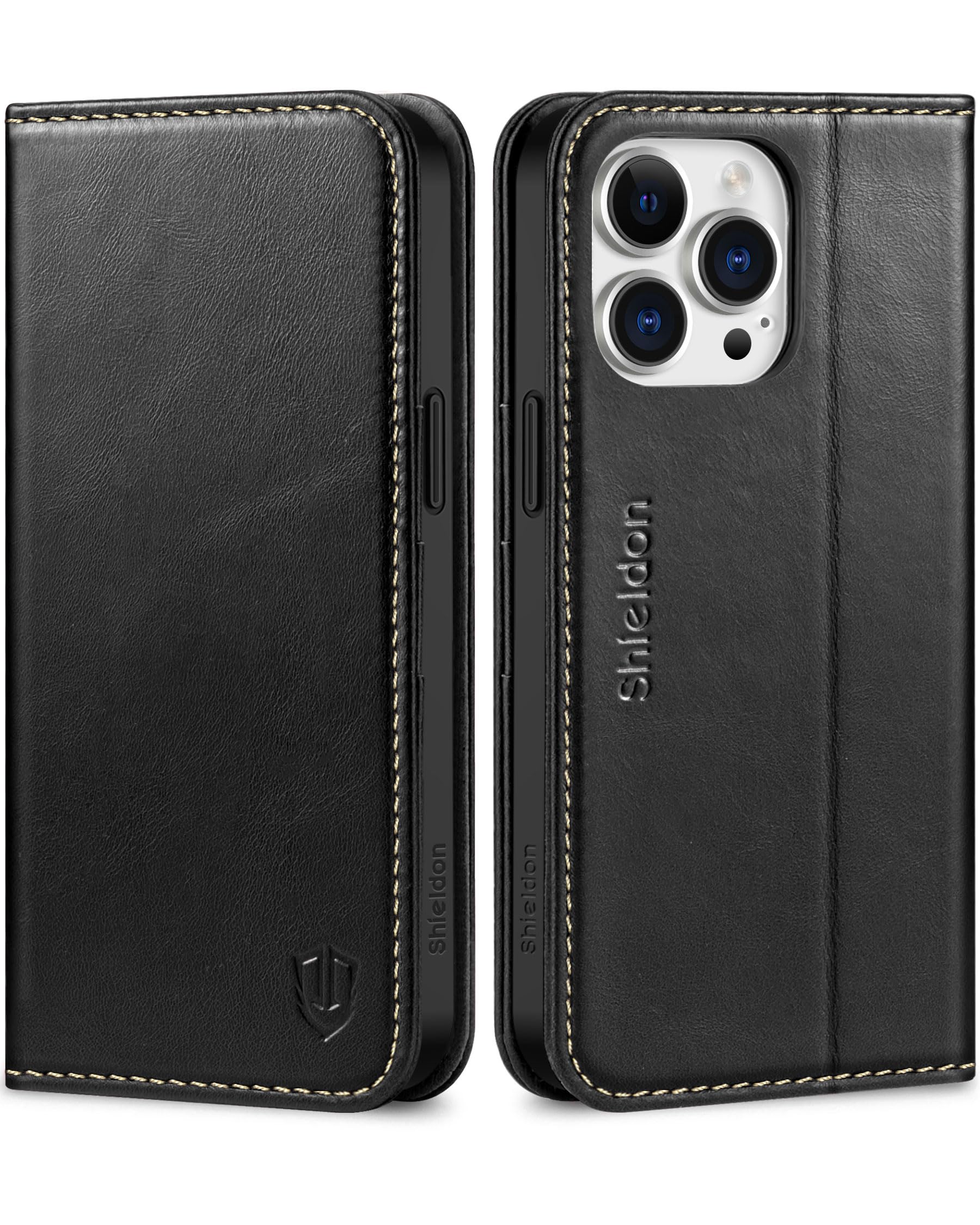 SHIELDON Case for iPhone 15 Pro Max 5G 2023, Genuine Leather Wallet Case with [Card Holder][Kickstand][RFID Blocking][Magnetic Closure] Shockproof Case Compatible with iPhone 15 Pro Max - Retro Black