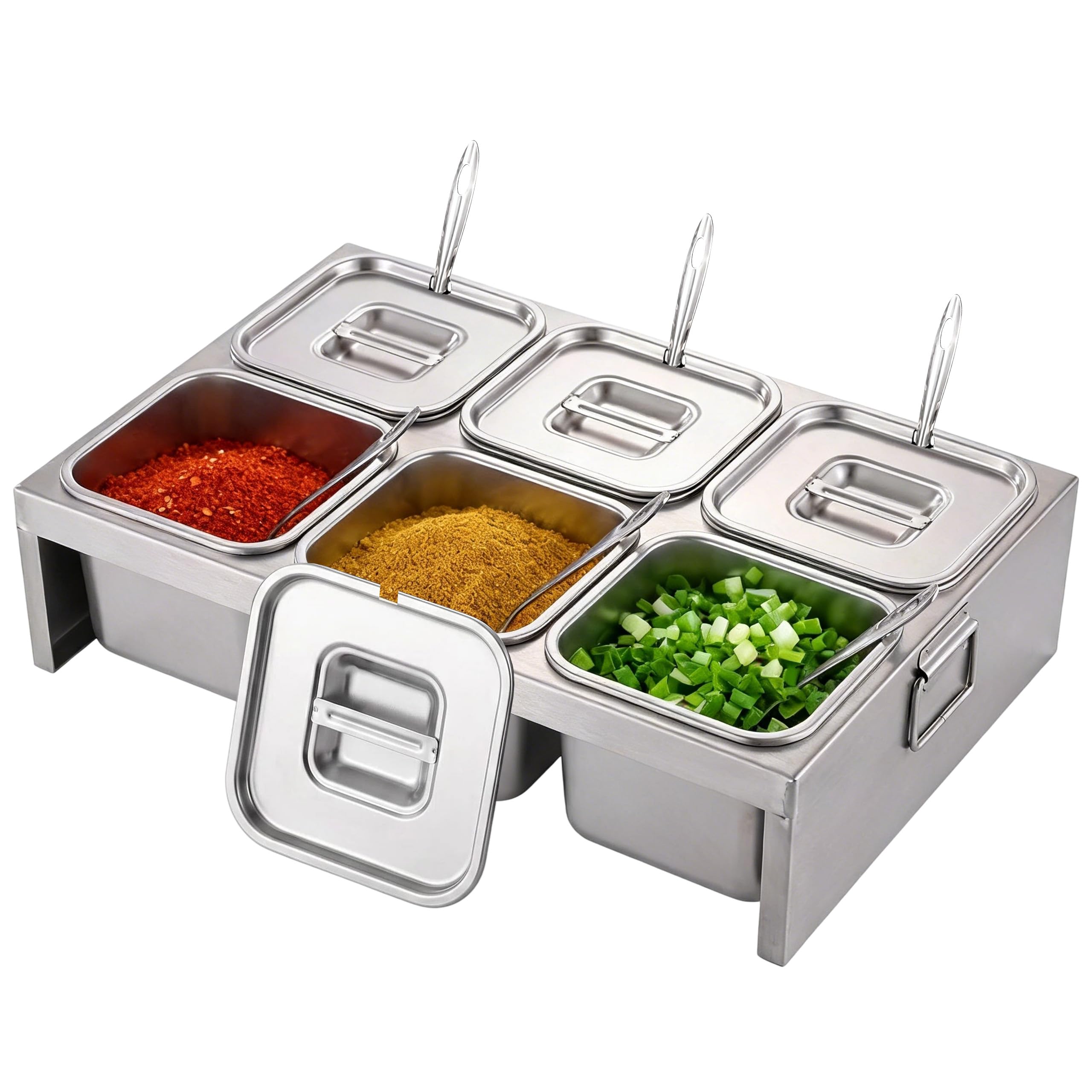 Station de garniture à pizza, récipient à ingrédients en acier | inoxydable avec couvercle et cuillère pour sauces, 6 compartiments, pour cuisine, restaurant et extérieur