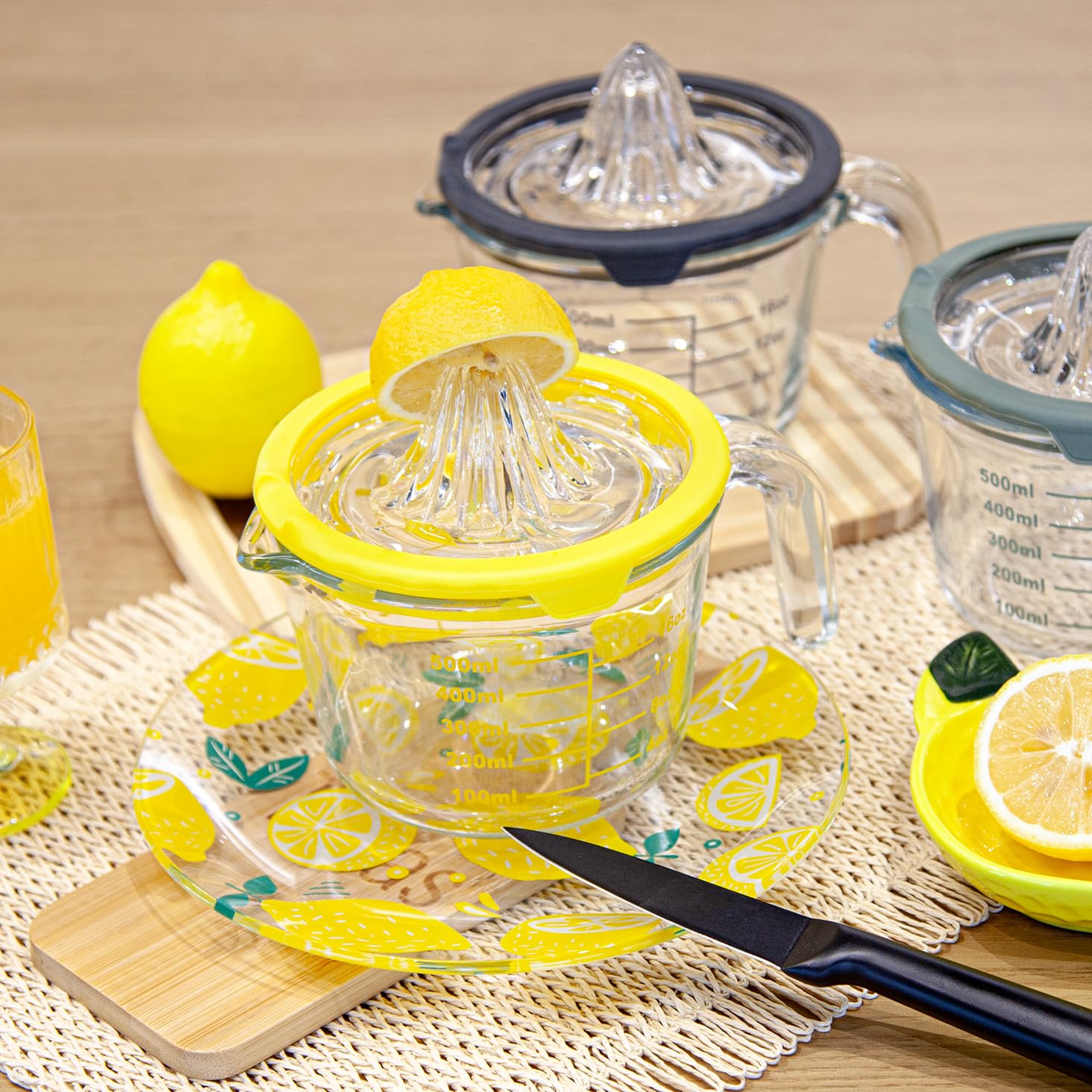 Cartman Spremiagrumi per limoni e arance, spremiagrumi manuale giallo, alesatore per agrumi in vetro, spremiagrumi manuale, strumento da cucina, tazza di misurazione per oncia