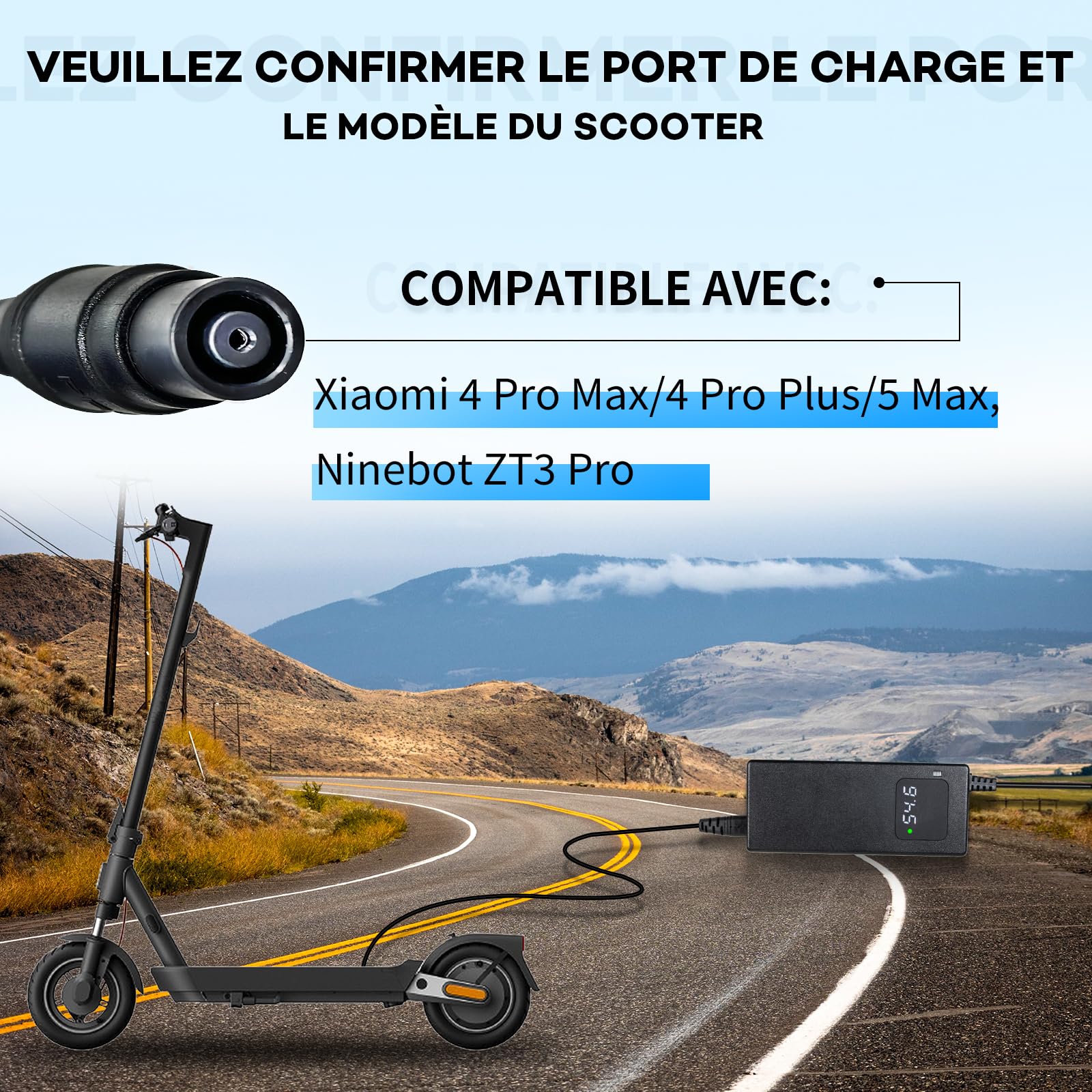 Chargeur de Batterie 54,6V 2A avec Écran Numérique, Alimentation Rapide Compatible avec Trottinette Électrique Xiaomi 4 Pro Plus / 4 Pro Max / 5 Max, Adaptateur Sécurisé