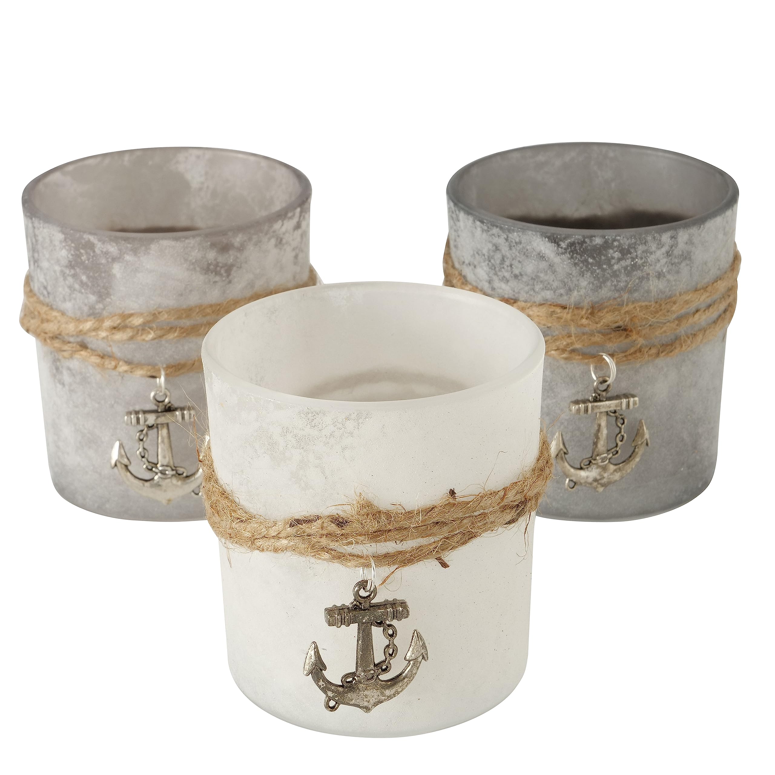 Nautical Sea Glass Tea Light Candle Holders, Set of 3, Rope Wrapped, Anchor Charm, White, Grey and Pale Grey, 3.25 Inches