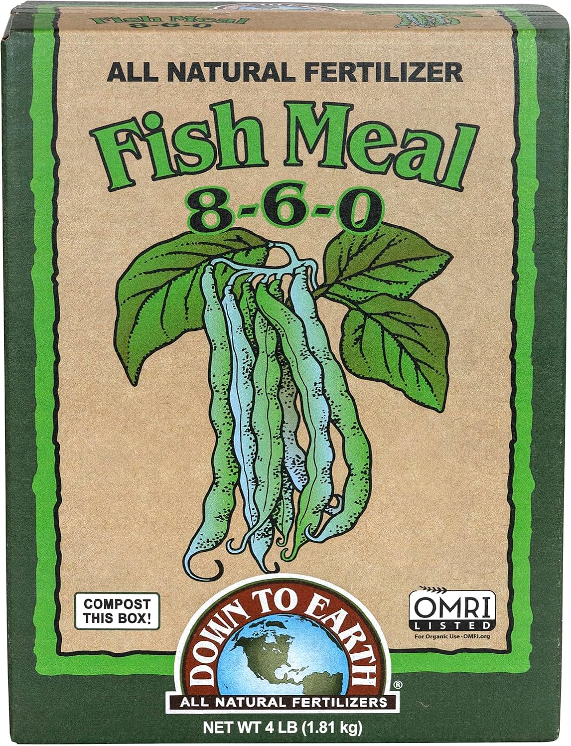 Down to Earth All Natural Fertilizers Organic Fish Meal - High Nitrogen and Phosphorus for Outdoor Plants, Trees, Shrubs, and Gardens 8-6-0, 4 lb