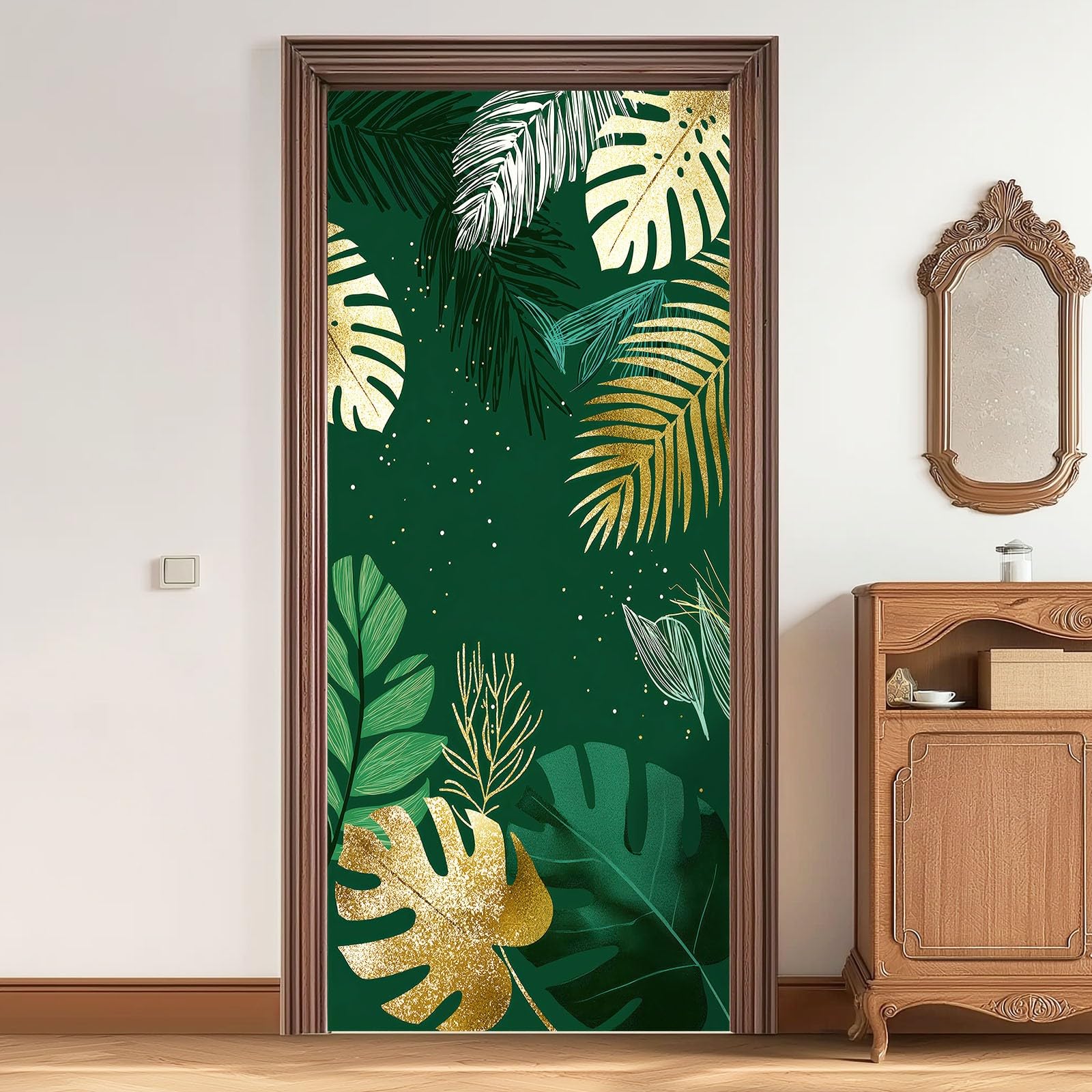 Samoprzylepna naklejka na drzwi z motywem roślin, 80 x 210 cm, tropikalne liście, monstera, wodoodporna tapeta na drzwi z folii samoprzylepnej, ciemnozielona dekoracja DIY, plakat PCW, tapeta na drzwi