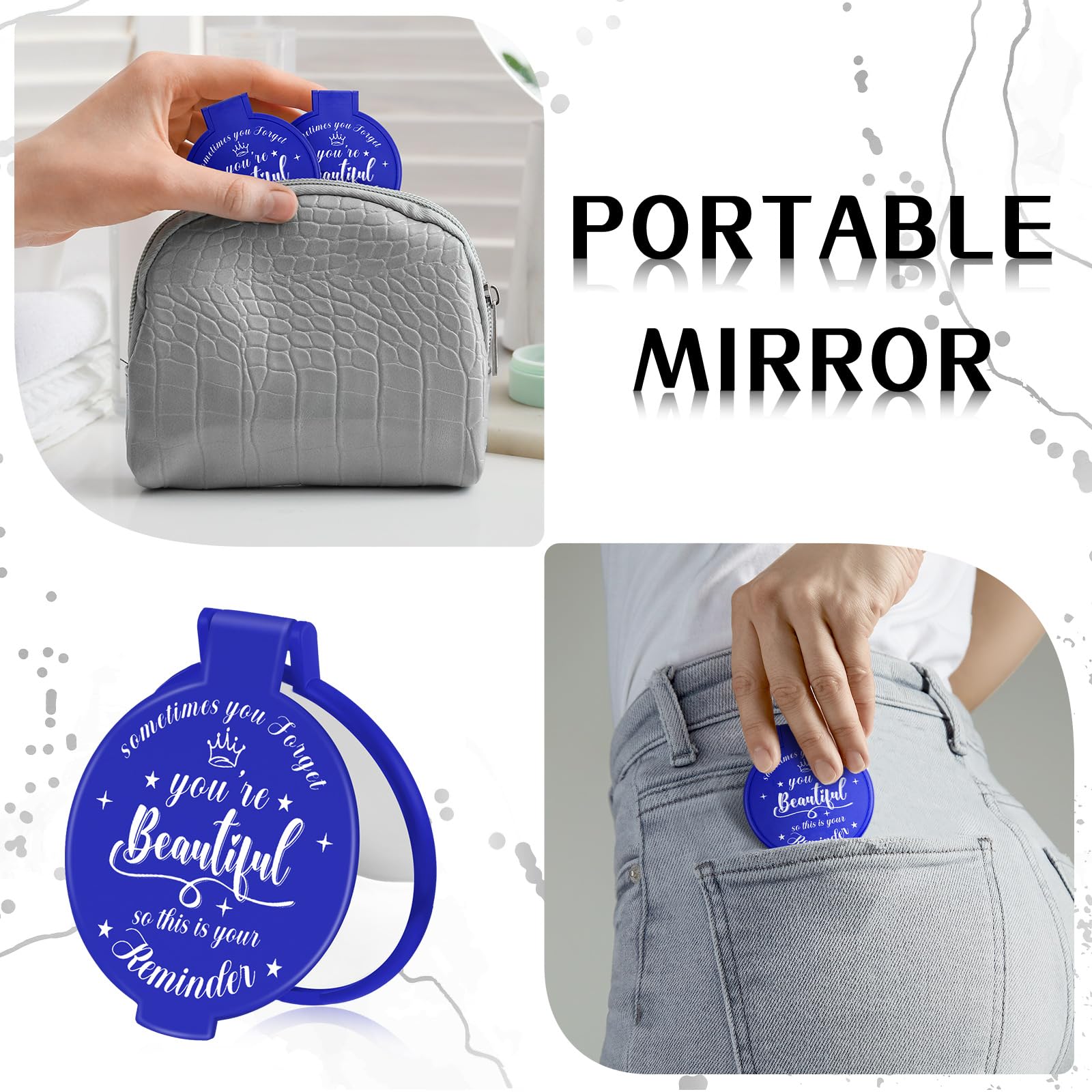 Gulfmew 36 Pcs 2.76 Inch Inspirational Compact Mirror Bulk Women Small Gifts Graduation Party Favors Purse Mirror Pocket Mini Stuffer Items for Adult Coworker Cheerleader Employee (Blue) - Image 3