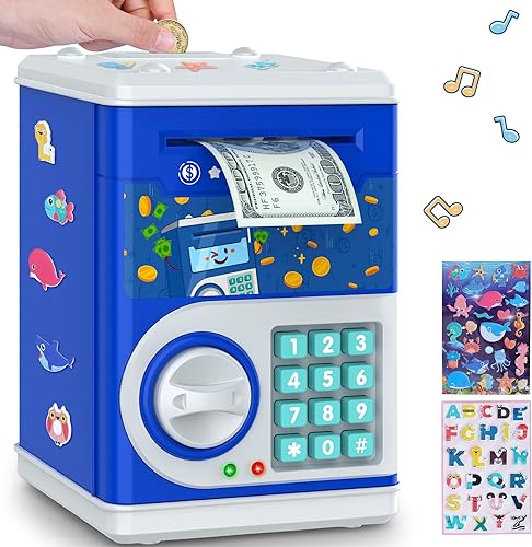 PhilaeEC - Alcancía azul oscuro para niños con bloqueo de código de contraseña y ranura para billetes de agarre automático, caja de ahorro de dinero