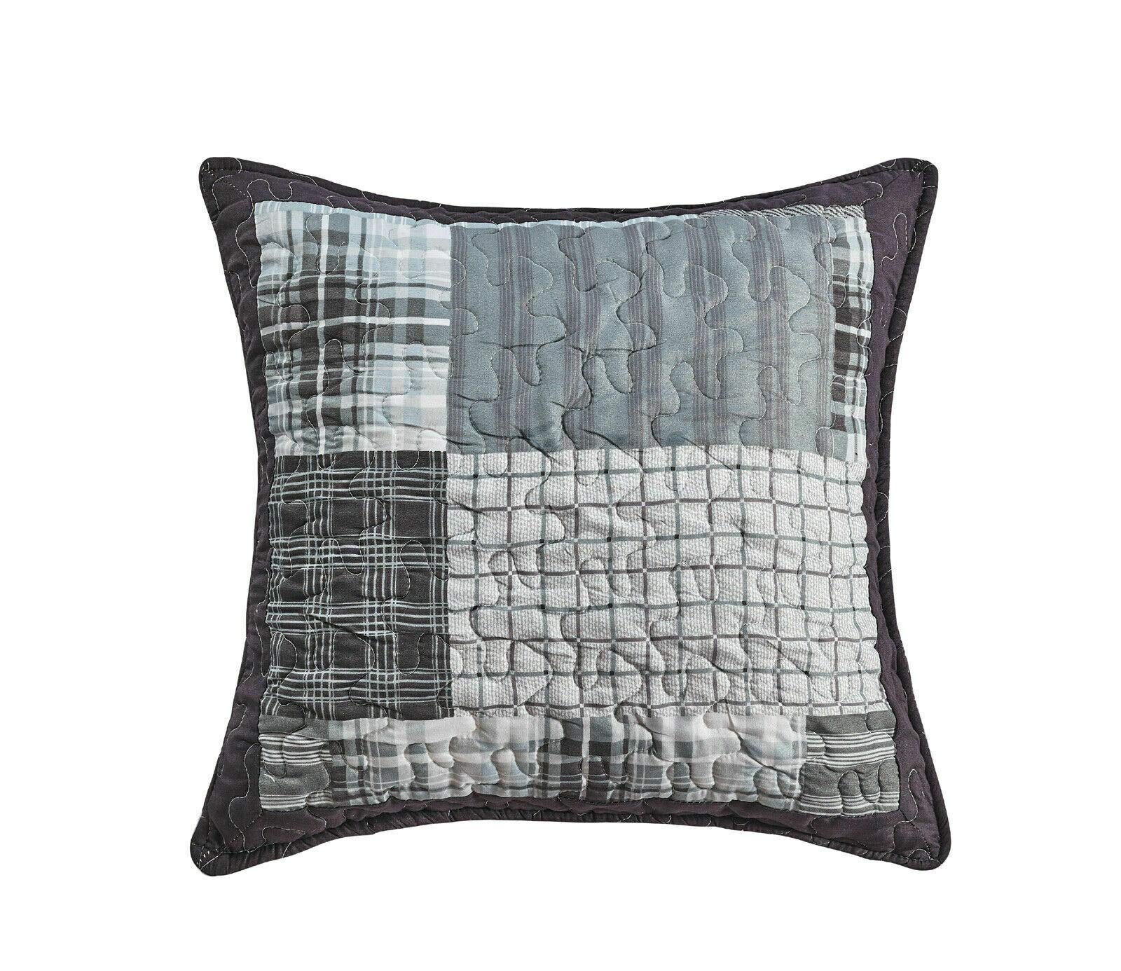PHP Patchwork Cushion Cover with Filling Box Pattern Reversible Quilted Sofa Bed Throw for Living Room Bedroom Decor - Filled Cushions 43 x 43 cm Denim Grey