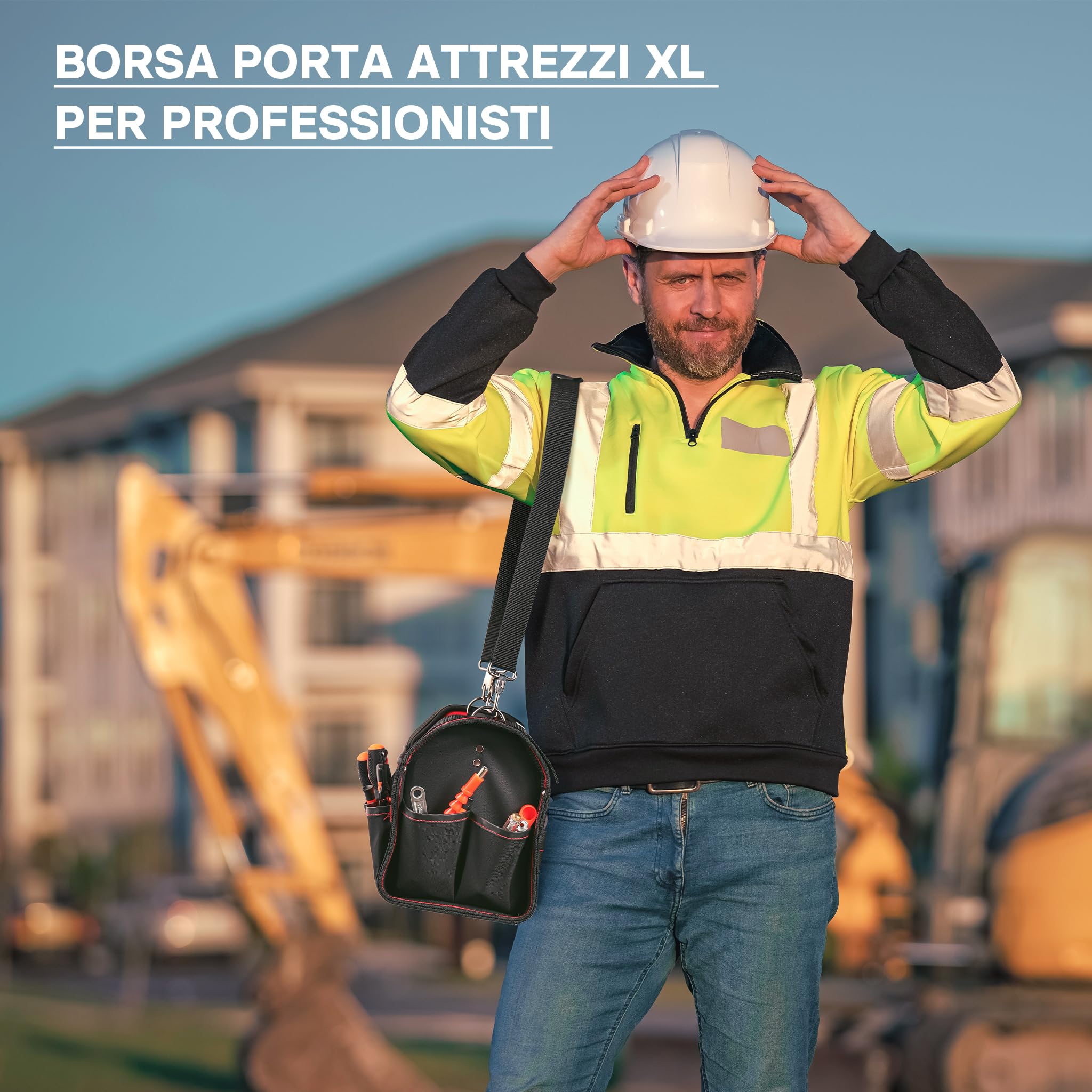 Borsa portautensili XL con scomparti interni ed esterni tracolla regolabile e maniglia di trasporto