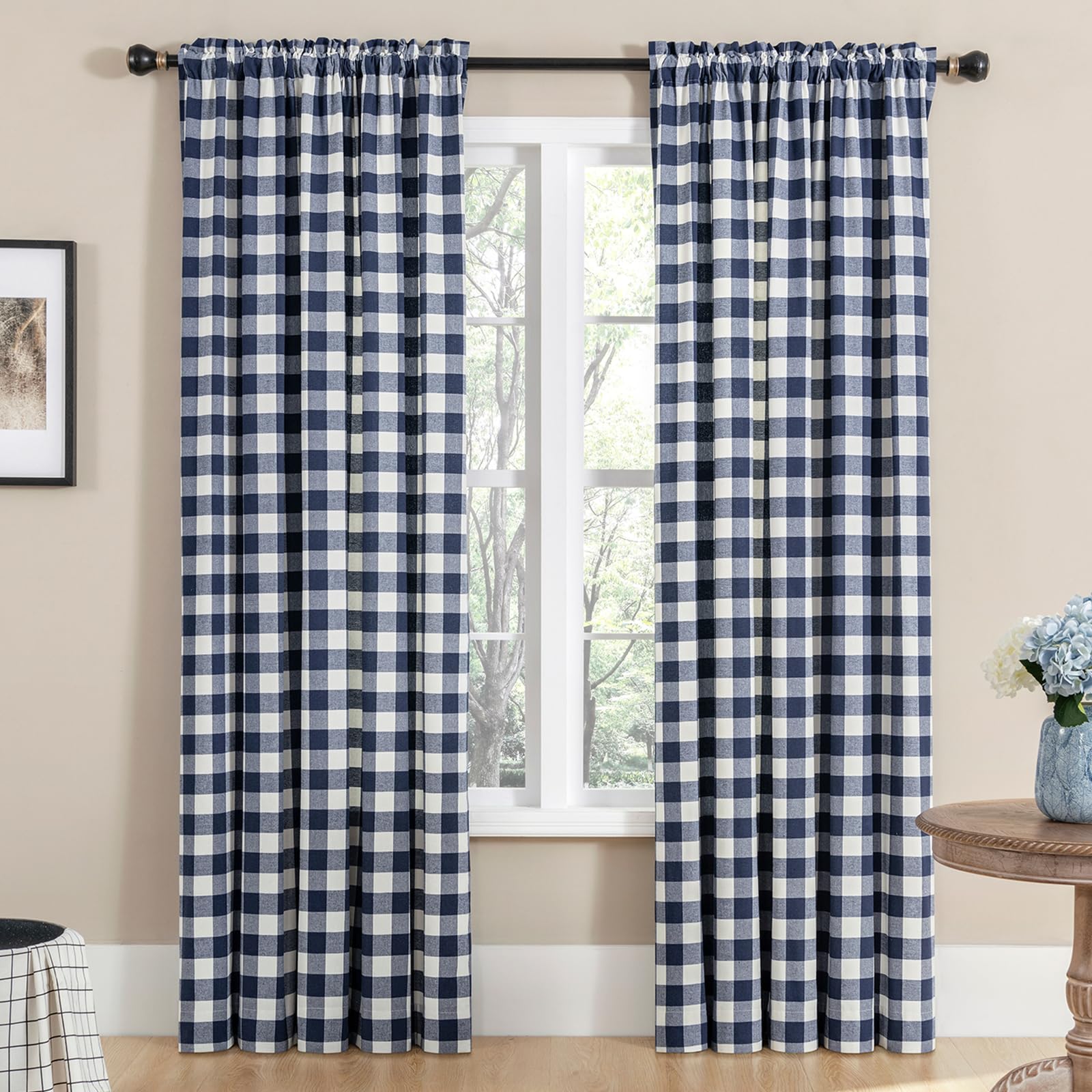Melodieux Buffalo Check Plaid Curtains for Living Room, Bedroom Farmhouse Gingham Style Cotton Texture Rod Pocket Semi Curtain Drapes, Navy, 52 x 96 Inch(2 Panels)
