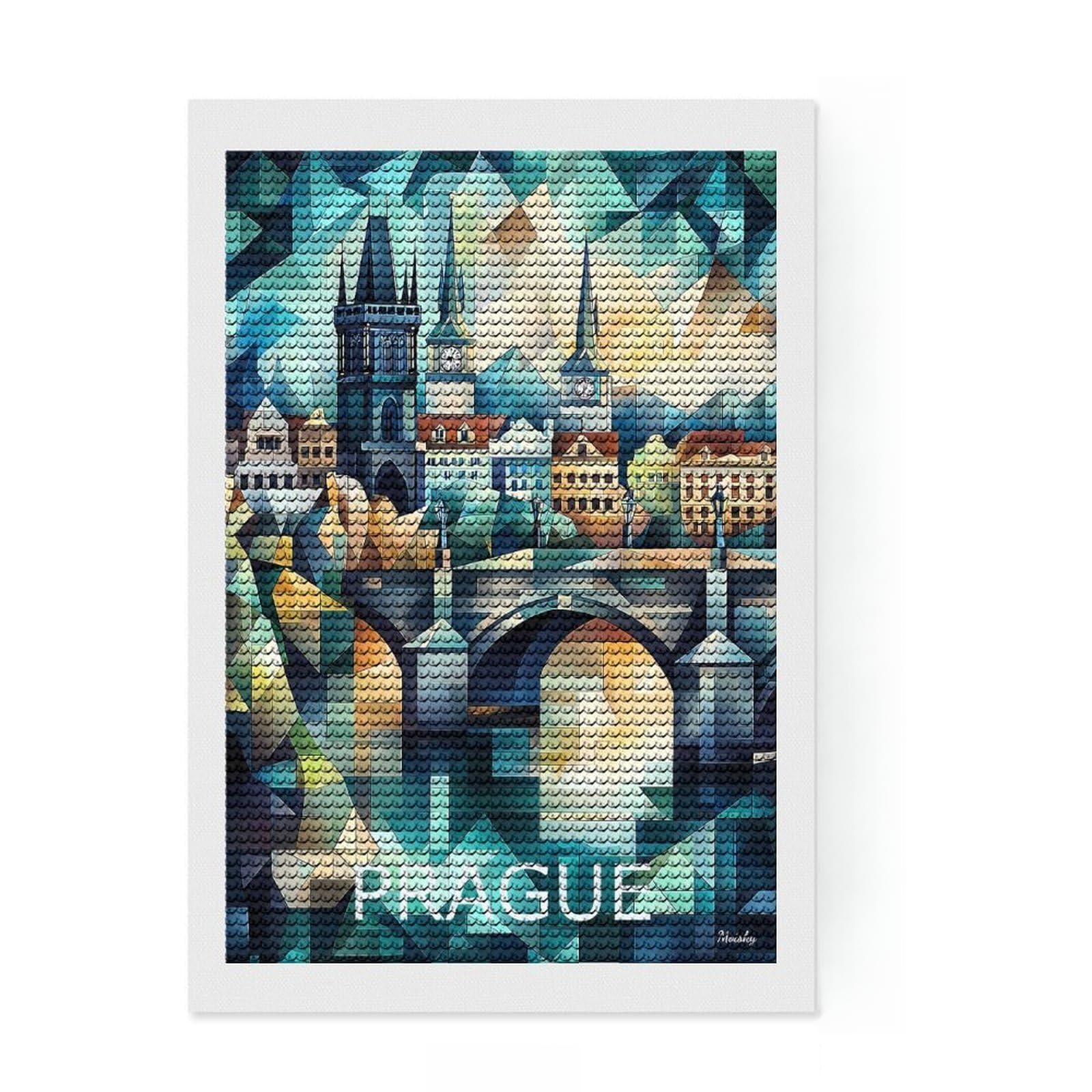 Junmoney Prague Geometric Skyline Art - Charles Bridge Cityscape DIY Diamond Art Canvas Kit 8"x12", Bedroom Decor, for Craft Lovers, Full Kit Included, Thoughtful Handmade Gift